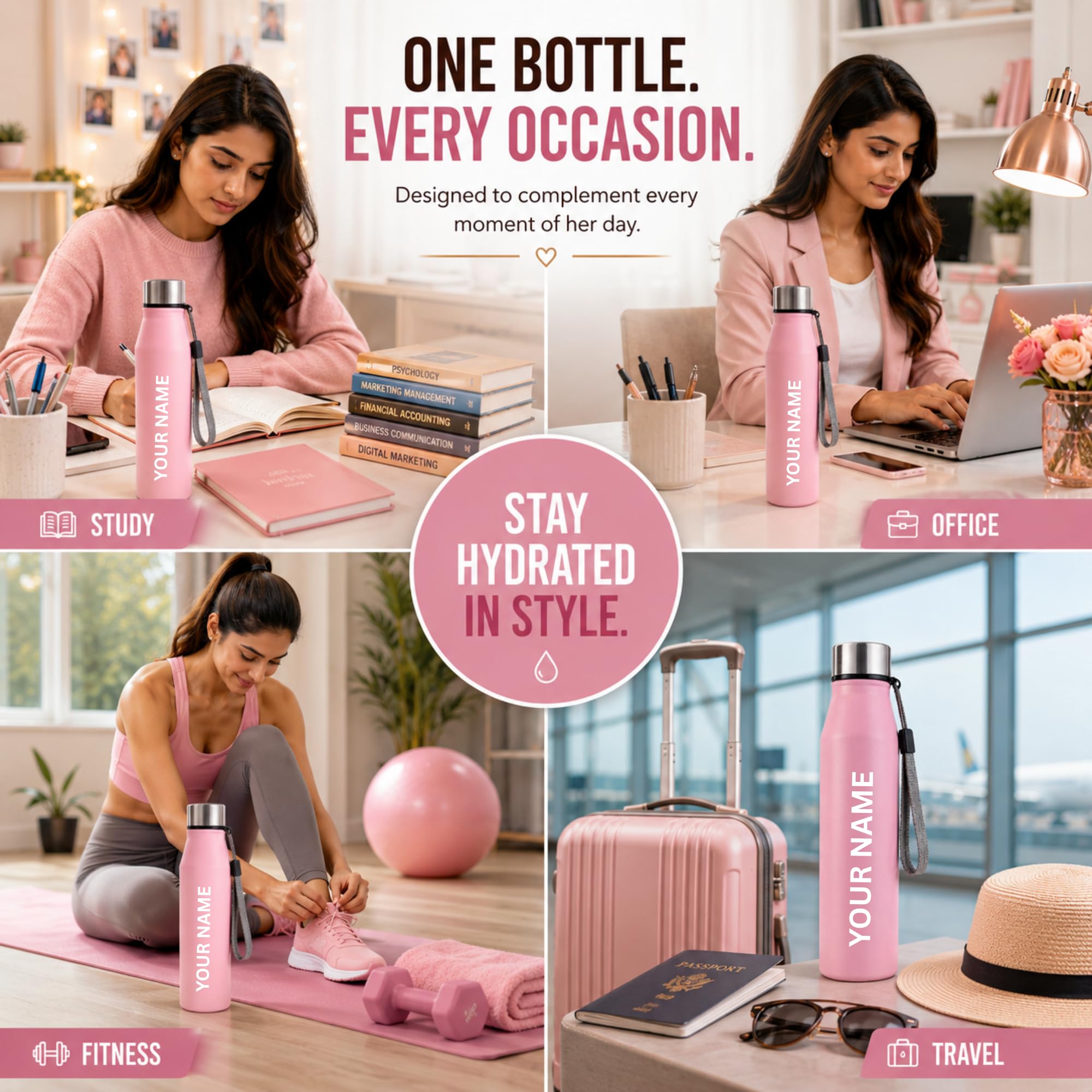 Personalized Name Engraved Water Bottle 1 Litre (Pink)| Custom Laser Engraved Stainless Steel Bottle |Leakproof Water Bottle with Carry Loop for Gym, Office & School |Gift for Kids, Men & Women. — Amazon image 6