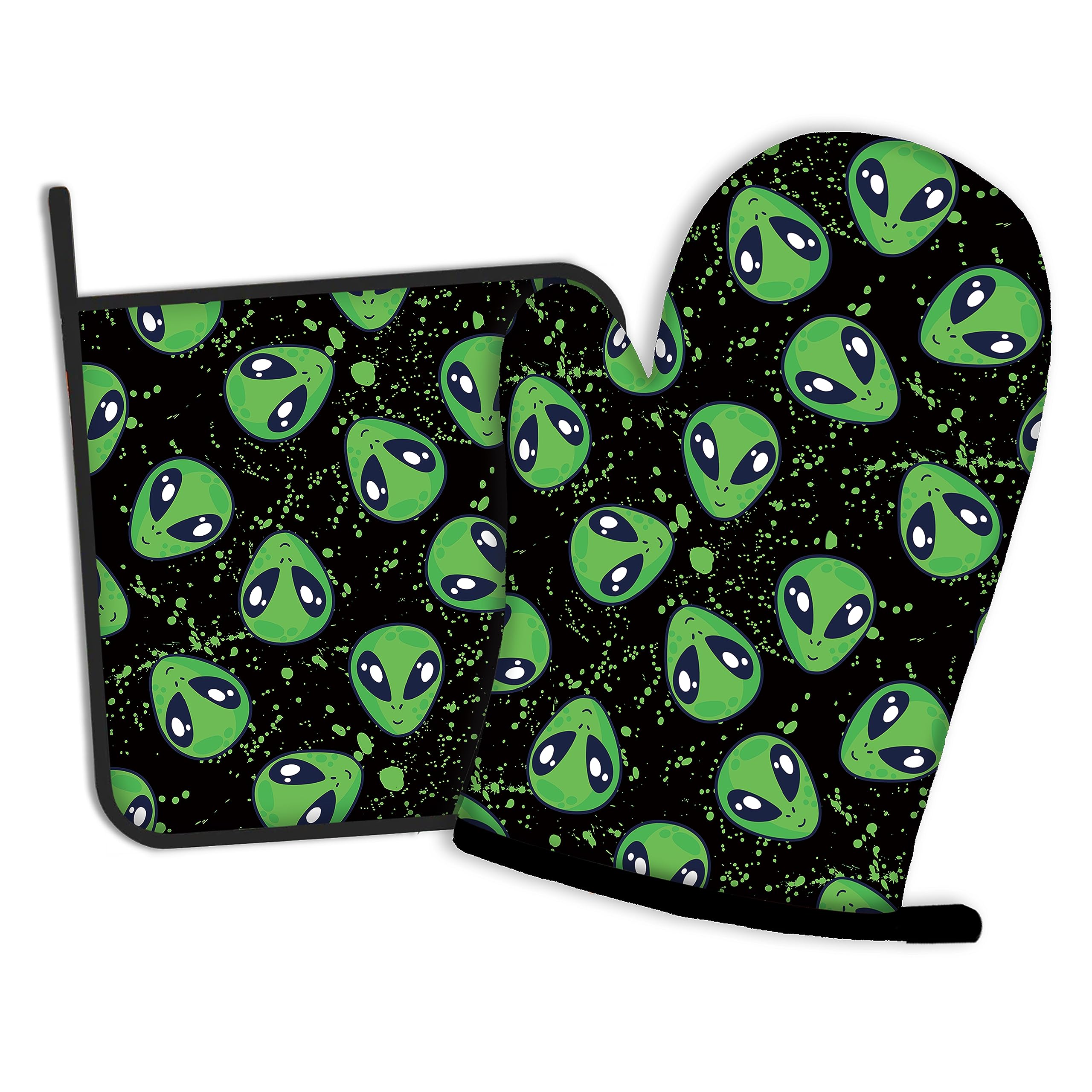 Alien Pattern Oven Mitts and Pot Holders Kitchen Cooking Gloves 2 Pcs Set Heat Resistant Pad for Baking BBQ Home Decor