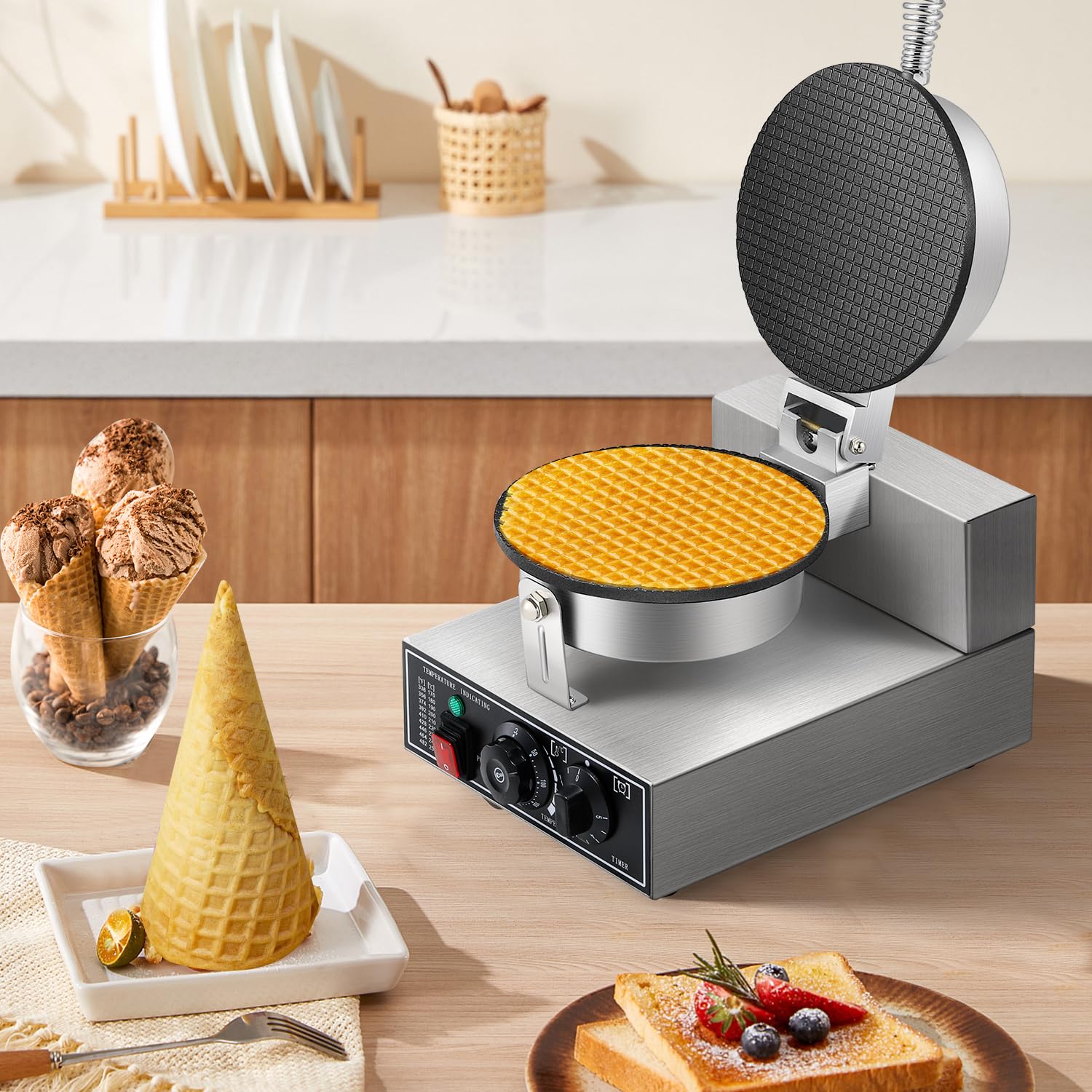 CGOLDENWALL Maquina de Barquillos Helado Eléctrica 1000W, con Antiadherente Revestimiento, Temperatura y Tiempo Ajustable, Comercial Máquina Gofrera para Conos para Cafeterías y Restaurantes