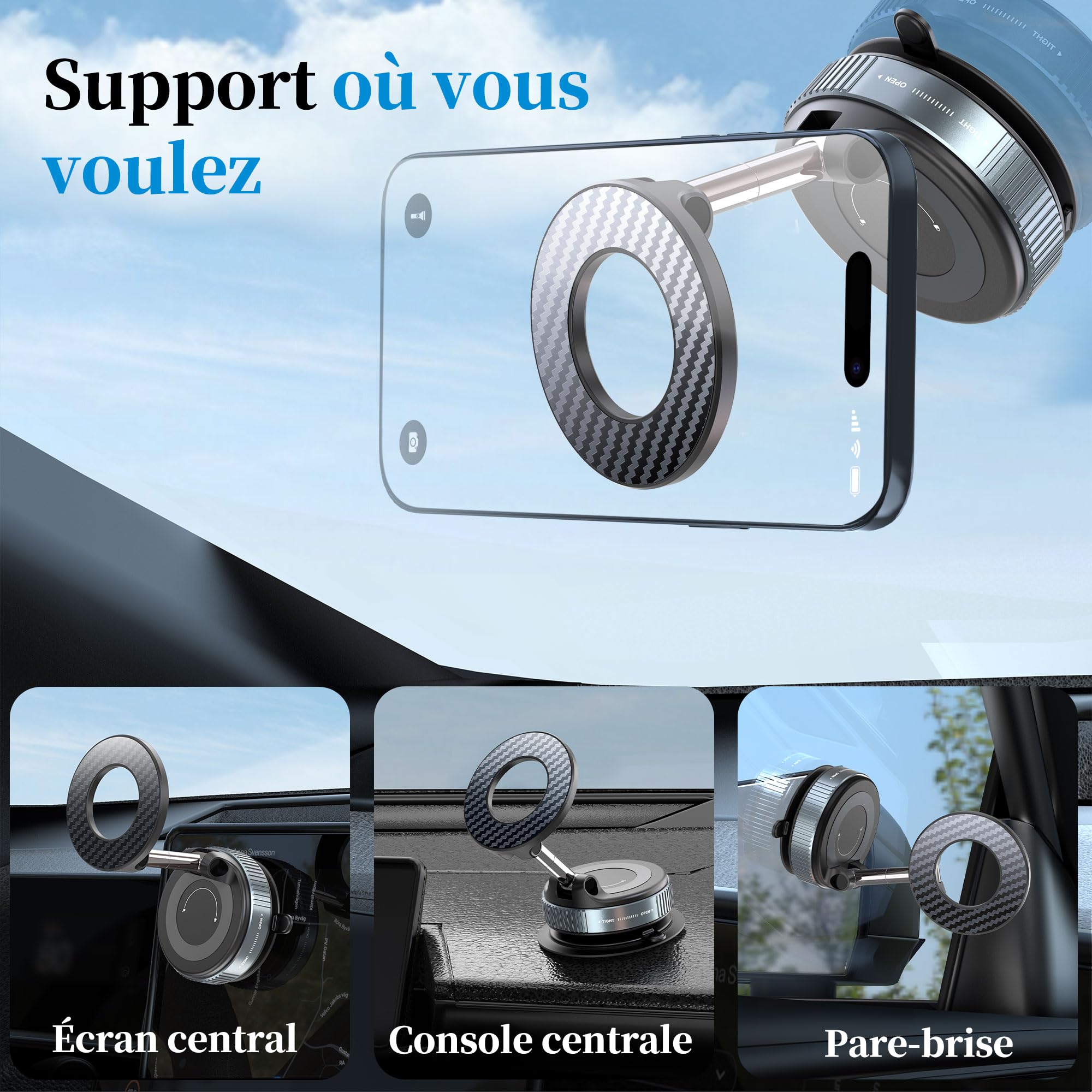 Support Téléphone Voiture Ventouse Puissante Magnétique Rotation 360° Fixation Ultra-Stable Compatible iPhone 17/16/15/14/13/12 Pro/Pro Max