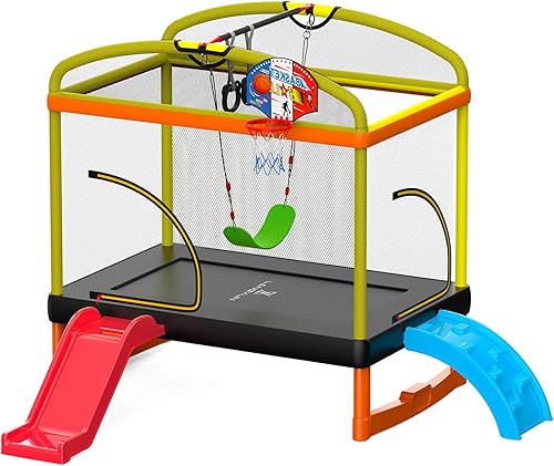 Mini trampolín rectangular 7 en 1 de 6.5 pies para niños | Regalo de cumpleaños para niñas y niños, trampolín infantil interior y exterior con red