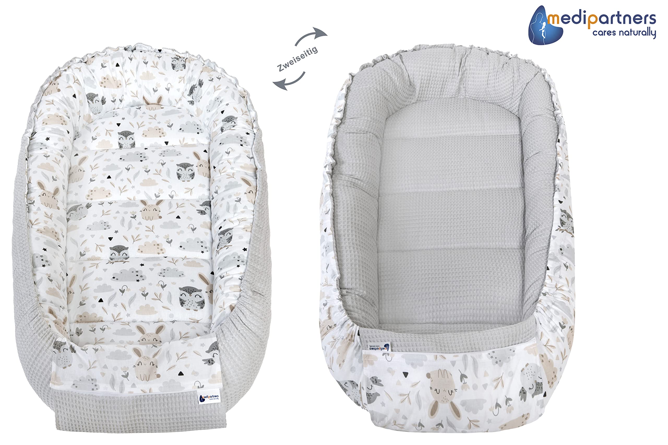 Medi Partners Babynest Nestchen für Neugeborene - 100x60x15 Babynestchen Baby zweiseitg Nest Bett 100% Baumwolle Waffel Kuschelnest tragbar (Lichtung mit Grauer Waffel) 1. Lichtung mit Grauer Waffel Single - 5