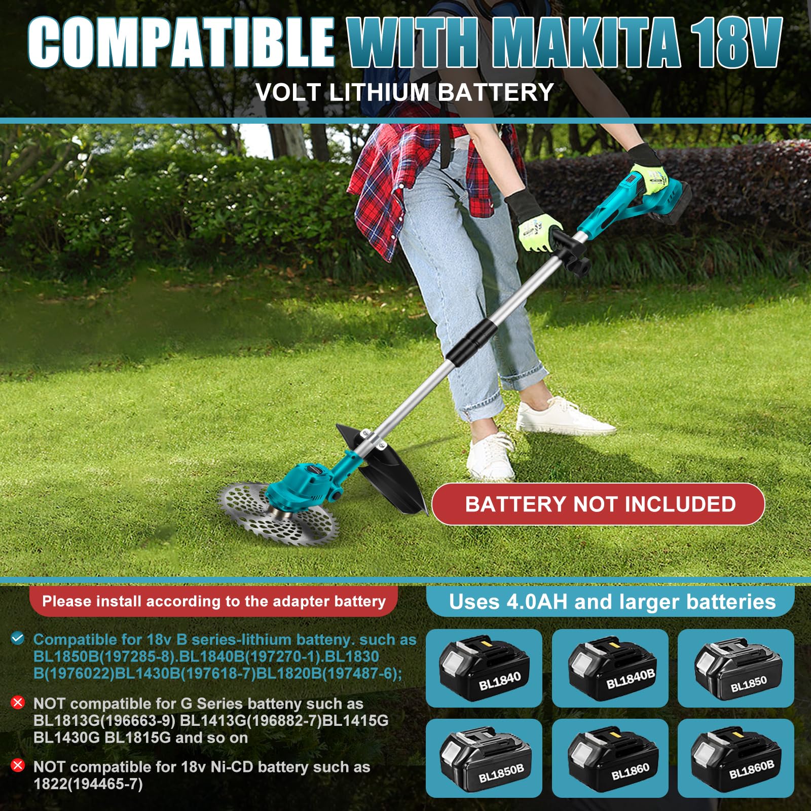 Desbrozadora compatible con Makita 18 V, con cepillo desmalezador y cuchilla