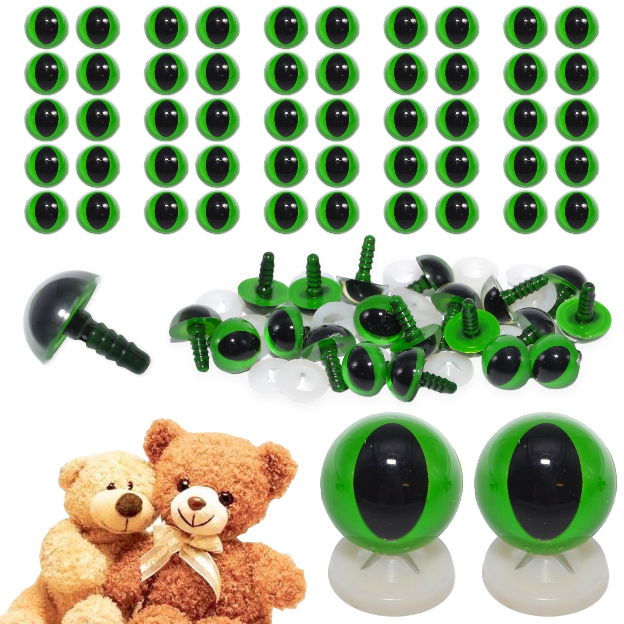 celloexpress 15mm Green Cats Eyes with Plastic Backs - Safety Eyes for Soft Toy Teddy Bear Animal Making (Pack of 50 Pairs)