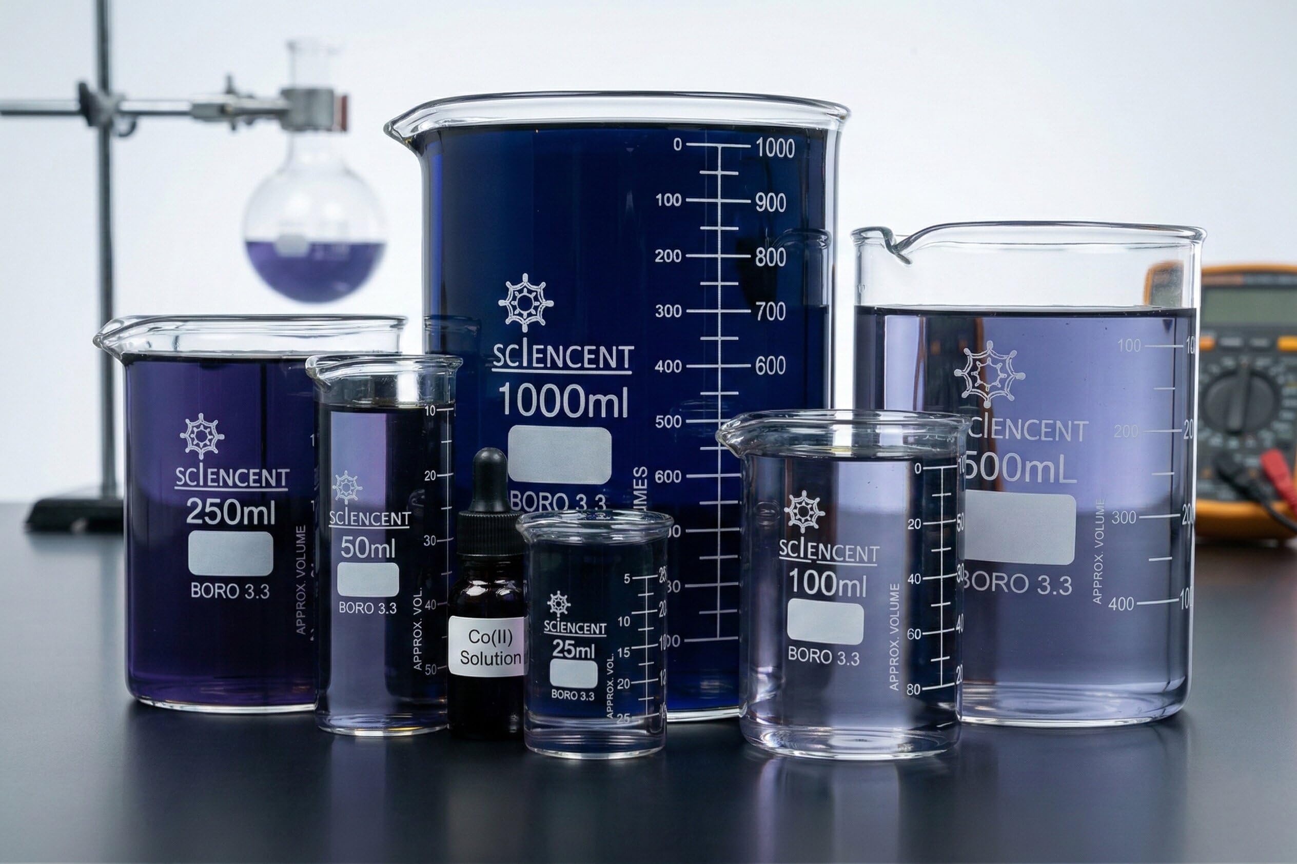 Vaso de cristal transparente de 50 ml, 100 ml, 250 ml, 500 ml, 1000 ml vaso medidor de borosilicato, vaso de cristal para escuela, química, laboratorio, suministros de estudio. Glass Beaker set of 5