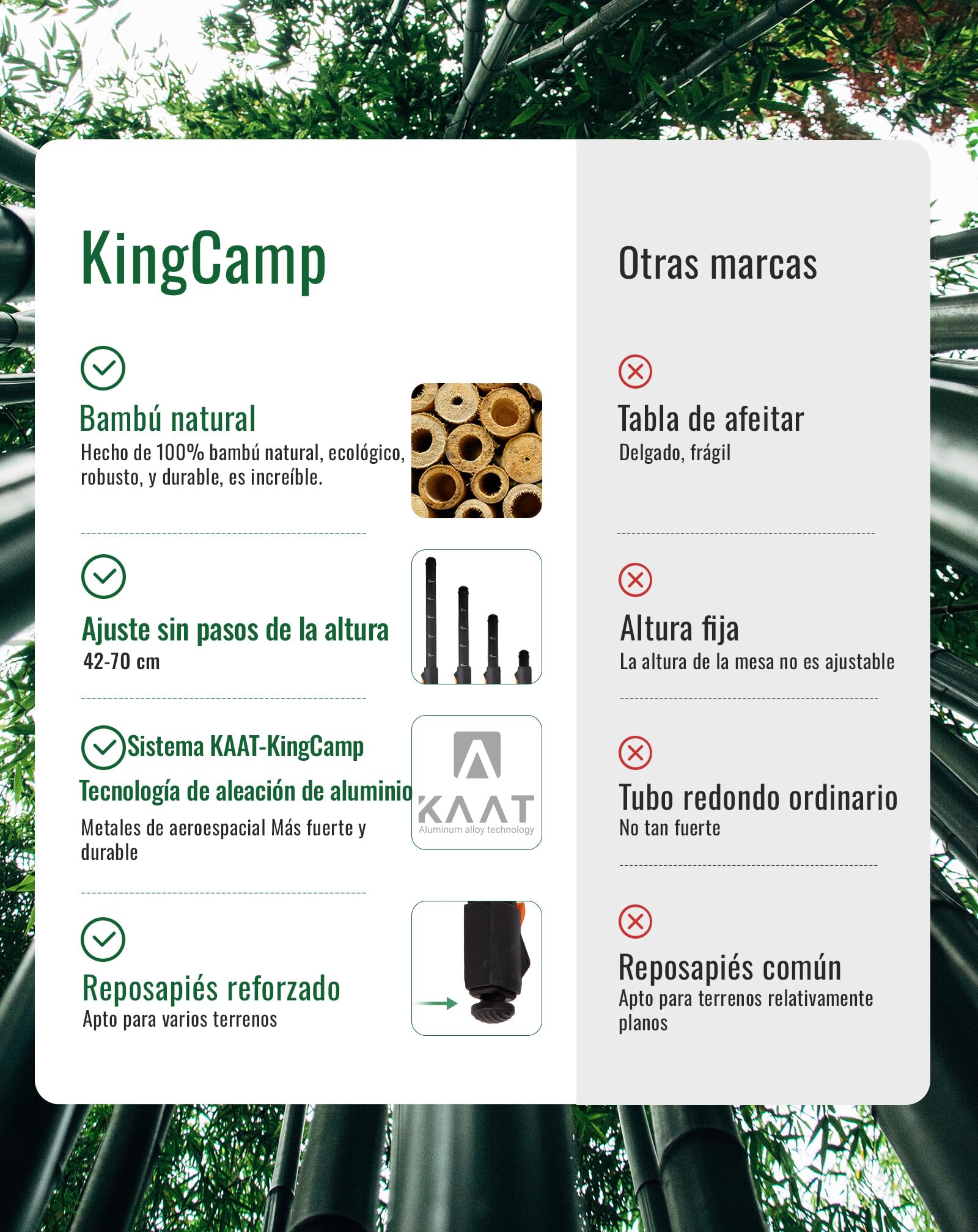 KingCamp Mesa de Camping de bambú, 100 x 70 cm, Mesa Plegable de Mesa de Comedor, Altura Ajustable, Marco de Aluminio para Camping al Aire Libre