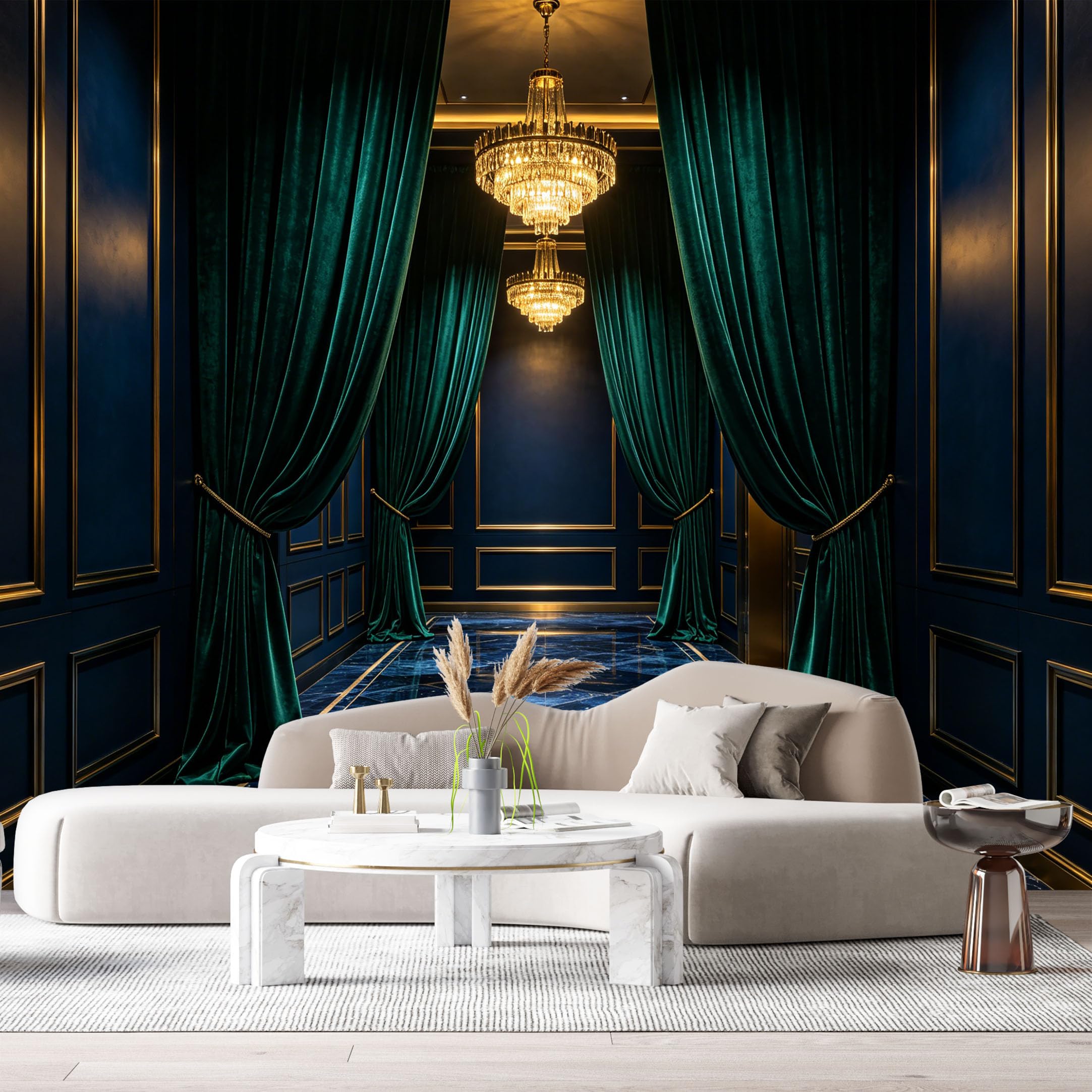 Custom Size Wall Murals Luxury Hall Neoclassical Interior Emerald Velvet Curtains Crystal Chandeliers SelfAdhesive Wall Fabric Removable Large Wallpaper for Photo Living Room