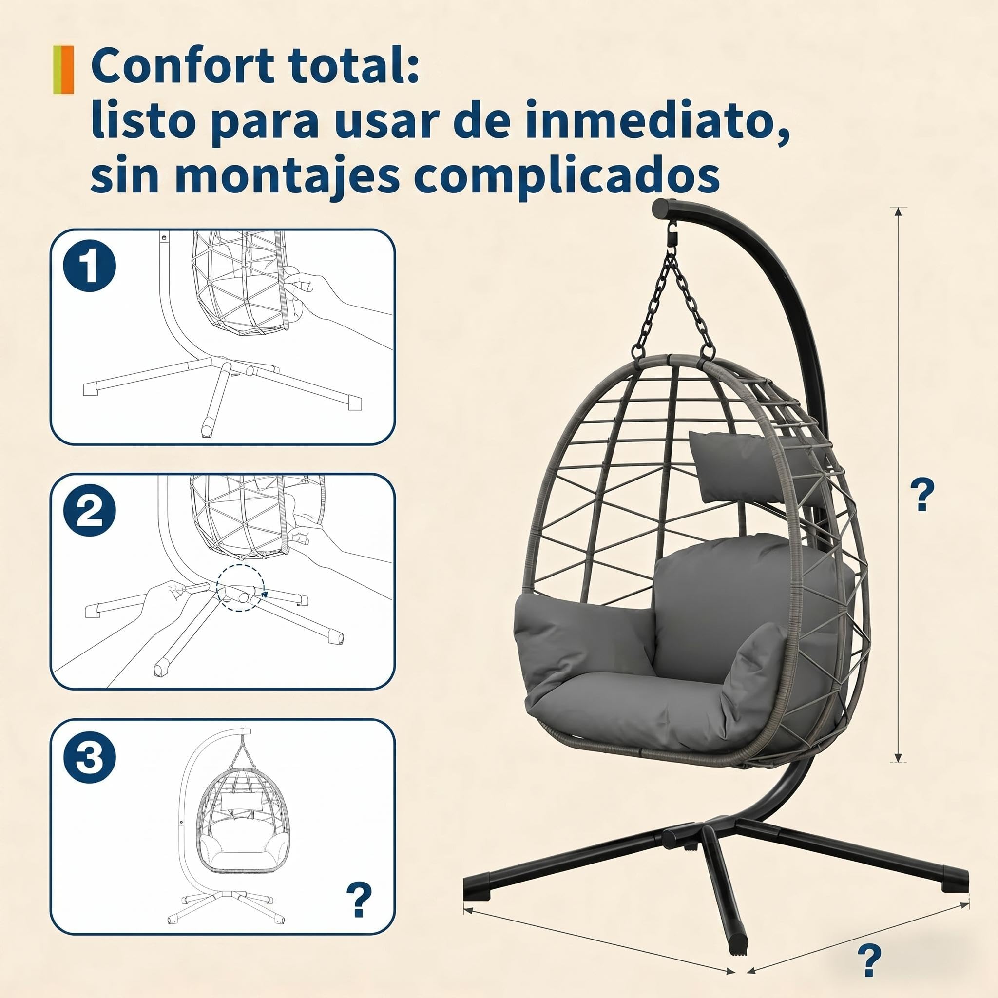 Litake Silla Colgante para Exterior y Jardín - Estructura Completamente Metálica - Silla Huevo con Soporte, Soporta hasta 150 kg - con Cojines Cómodos, Ideal para Jardín, Balcón y Patio, Gris