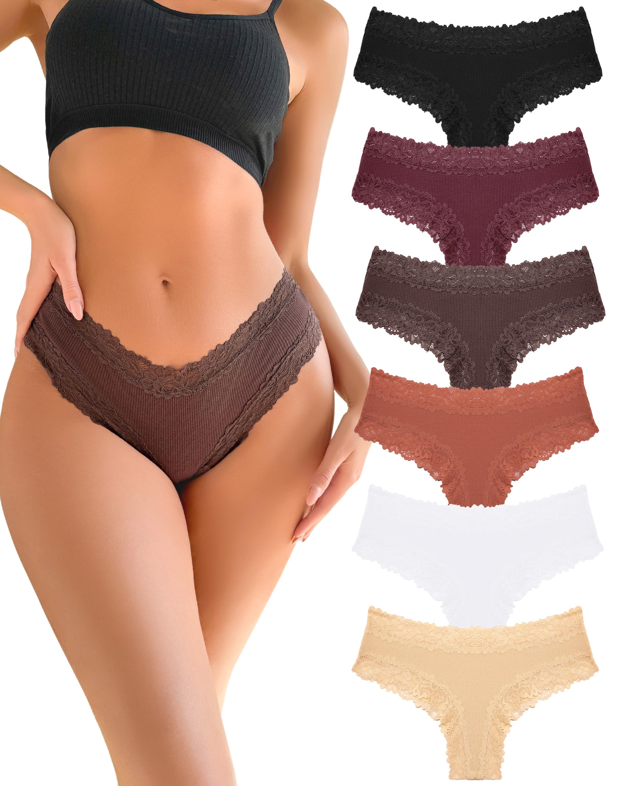 FINETOO Unterhosen Damen Baumwolle Spitze Brazilian Slip Damen Sexy Unterwäsche Frauen Atmungsaktiv Pantys Hipster Mehrpack 6