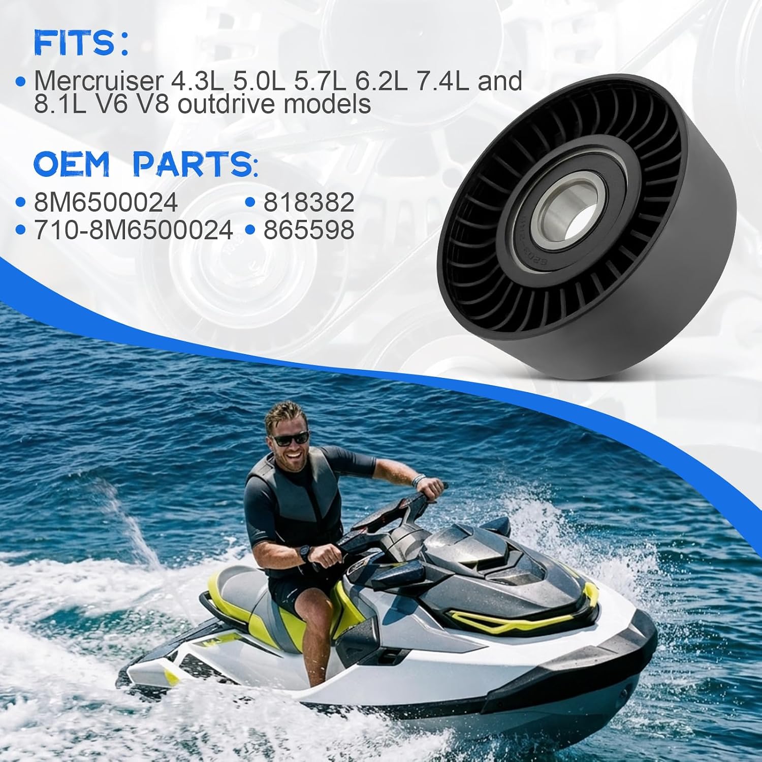 8M6500024 Belt Tensioner Pulley with Bearing for Mercruiser 4.3 5.0 5.7 5.8 6.2 8.1L V6 V8 Engines, Serpentine Belt ldler Pulley Replace 710-8M6500024 865598 818382