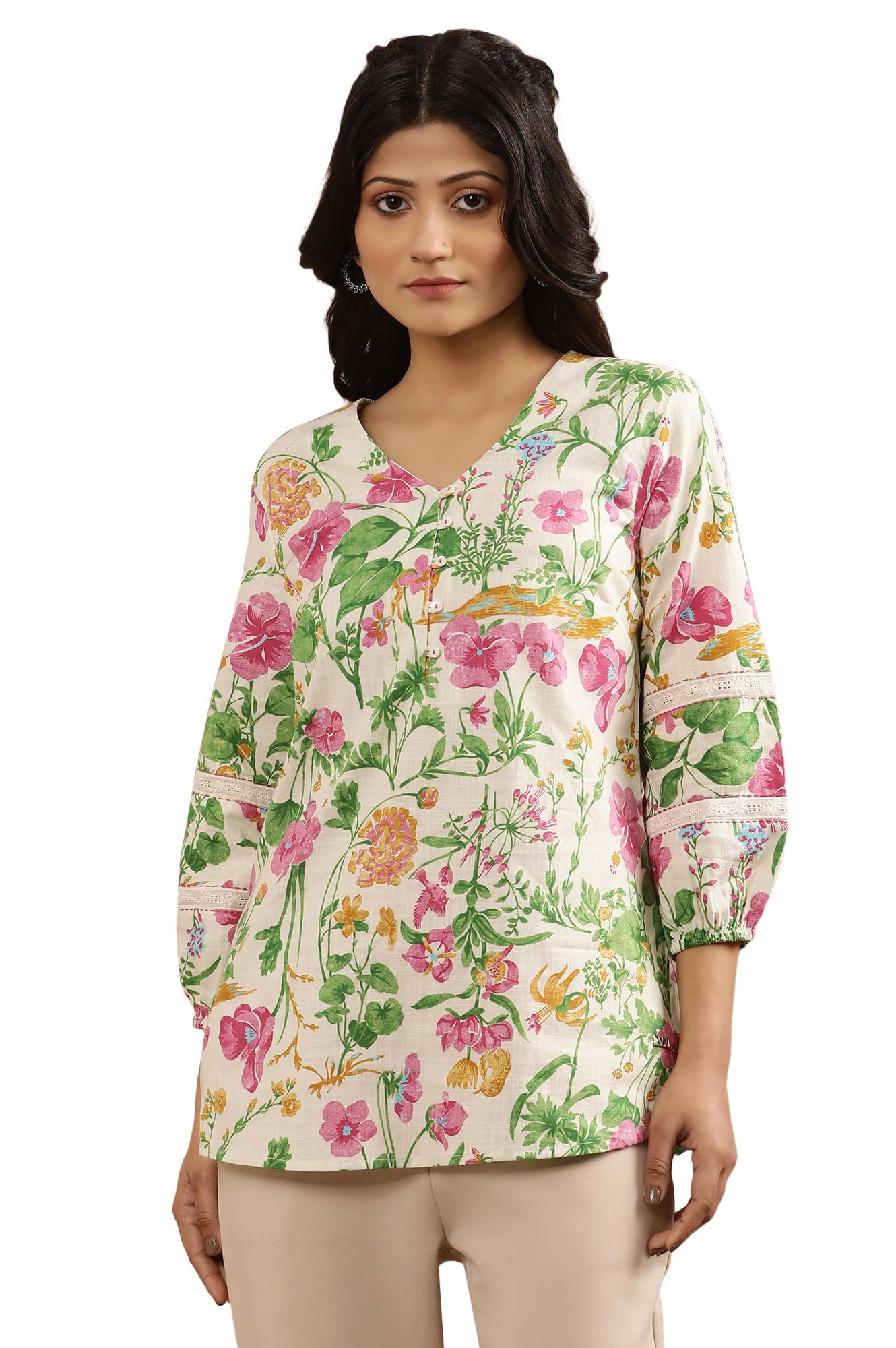 w for woman White Floral Print Cotton A-Line Top-picture-48