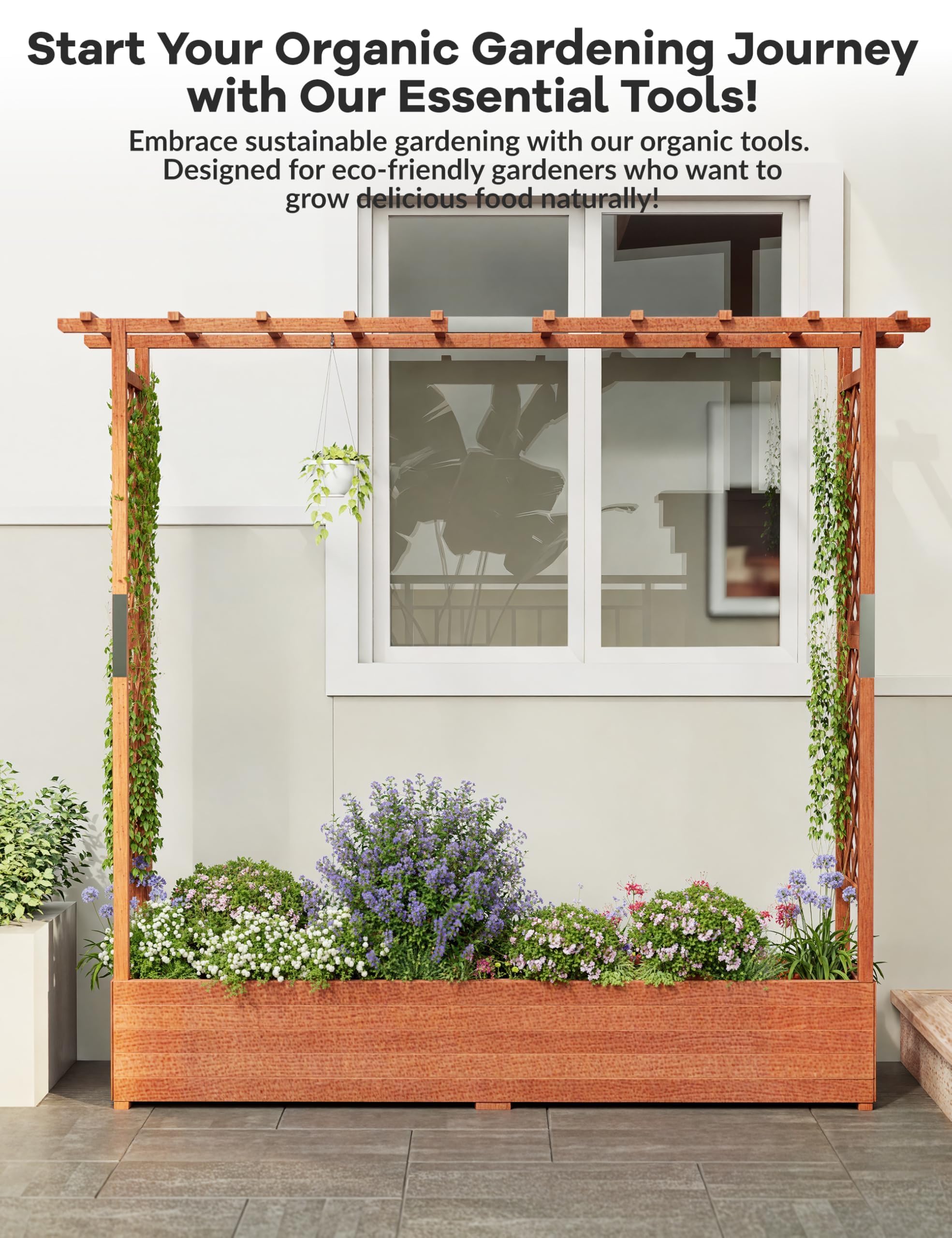 Acekool Jardinera Independiente para Plantas Trepadoras, Flores y Hierbas Aromáticas, con Enrejado, Cubierta, Soportes Laterales y Orificios De Drenaje, para Terrazas, Balcones y Jardines