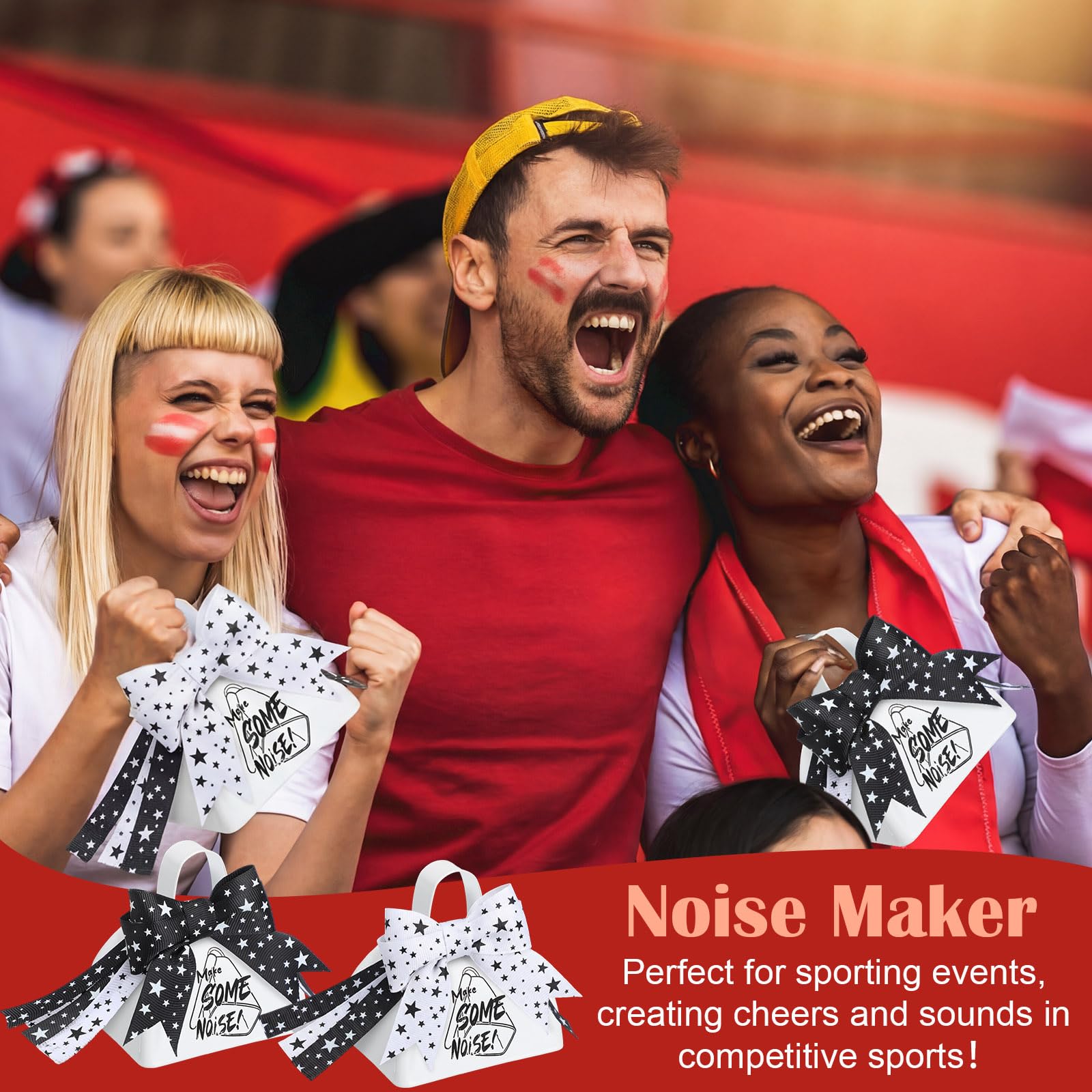 24 campanillas de metal con asa, campanas de vaca para hacer ruido para eventos deportivos, pequeñas campanas de vaca ruidosas con cinta para bodas, animar juegos de fútbol, 3 x 2.8 x 2.5