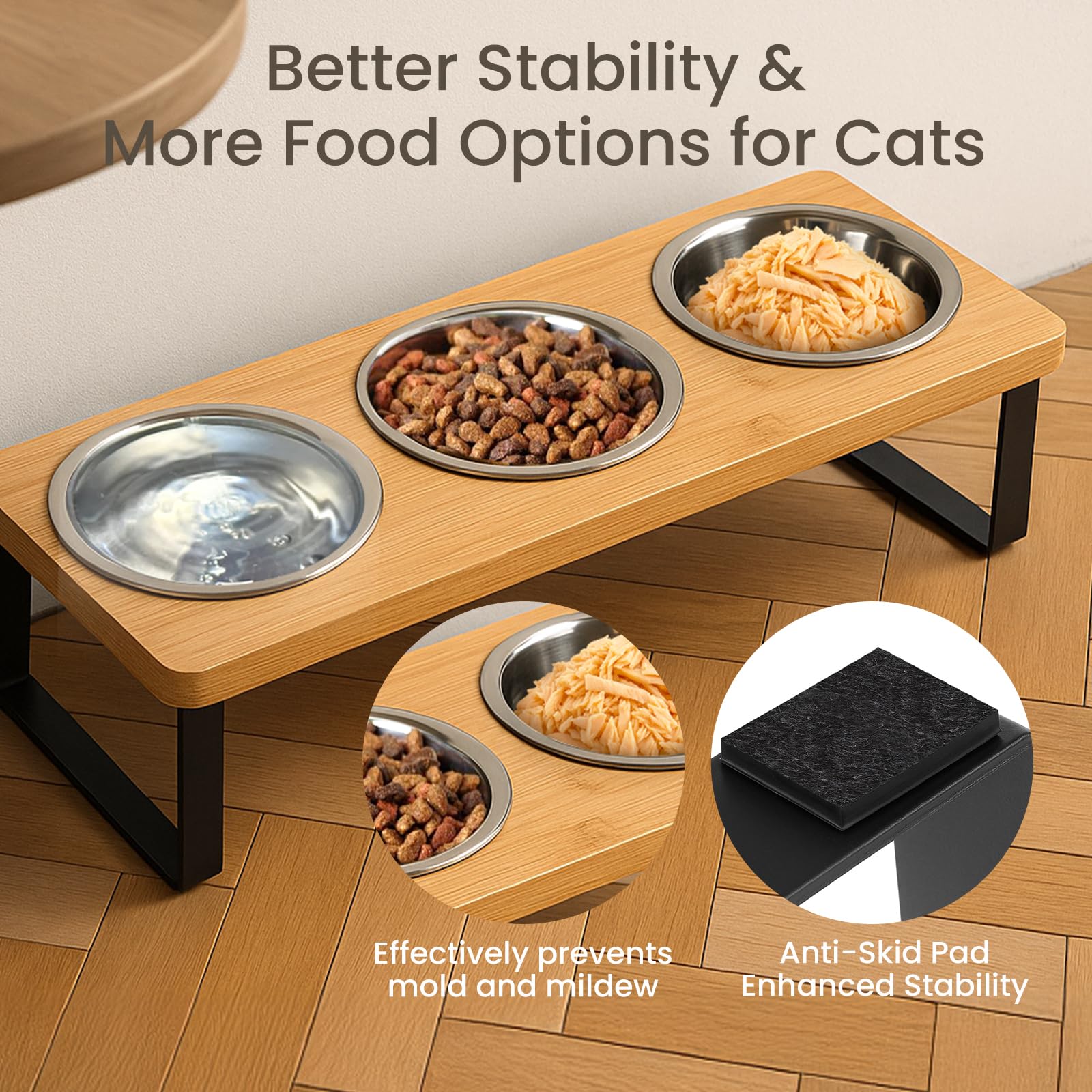 Cuencos elevados ajustables para gatos con soporte, estación de alimentación inclinada de acero inoxidable para gatos y perros pequeños, comedero elevado para mascotas con diseño antideslizante y 3
