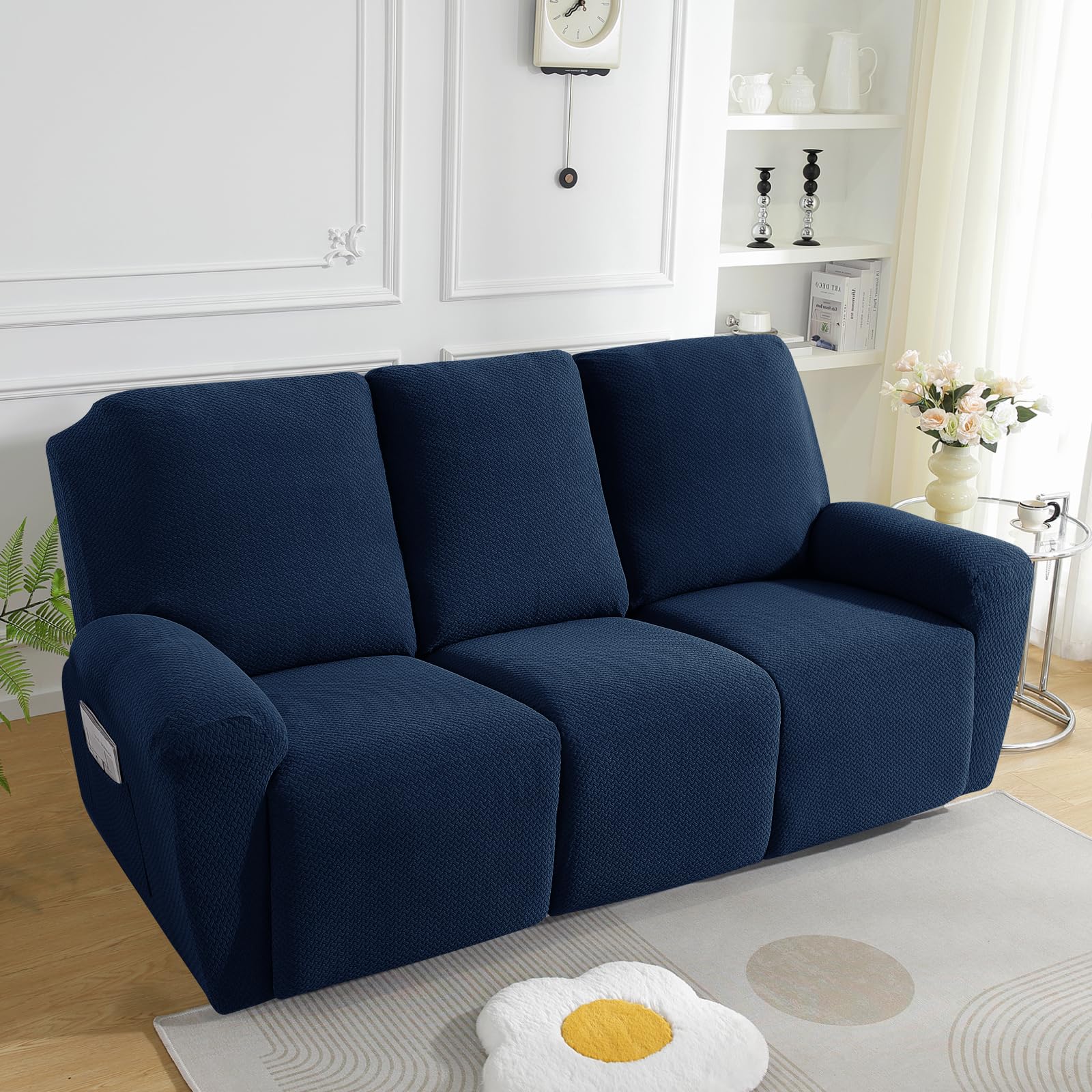 JIVINER Lot de 8 housses de canapé inclinables en jacquard extensible pour canapé 3 places pour salon, protection douce et inclinable avec poche (3 places, bleu marine)