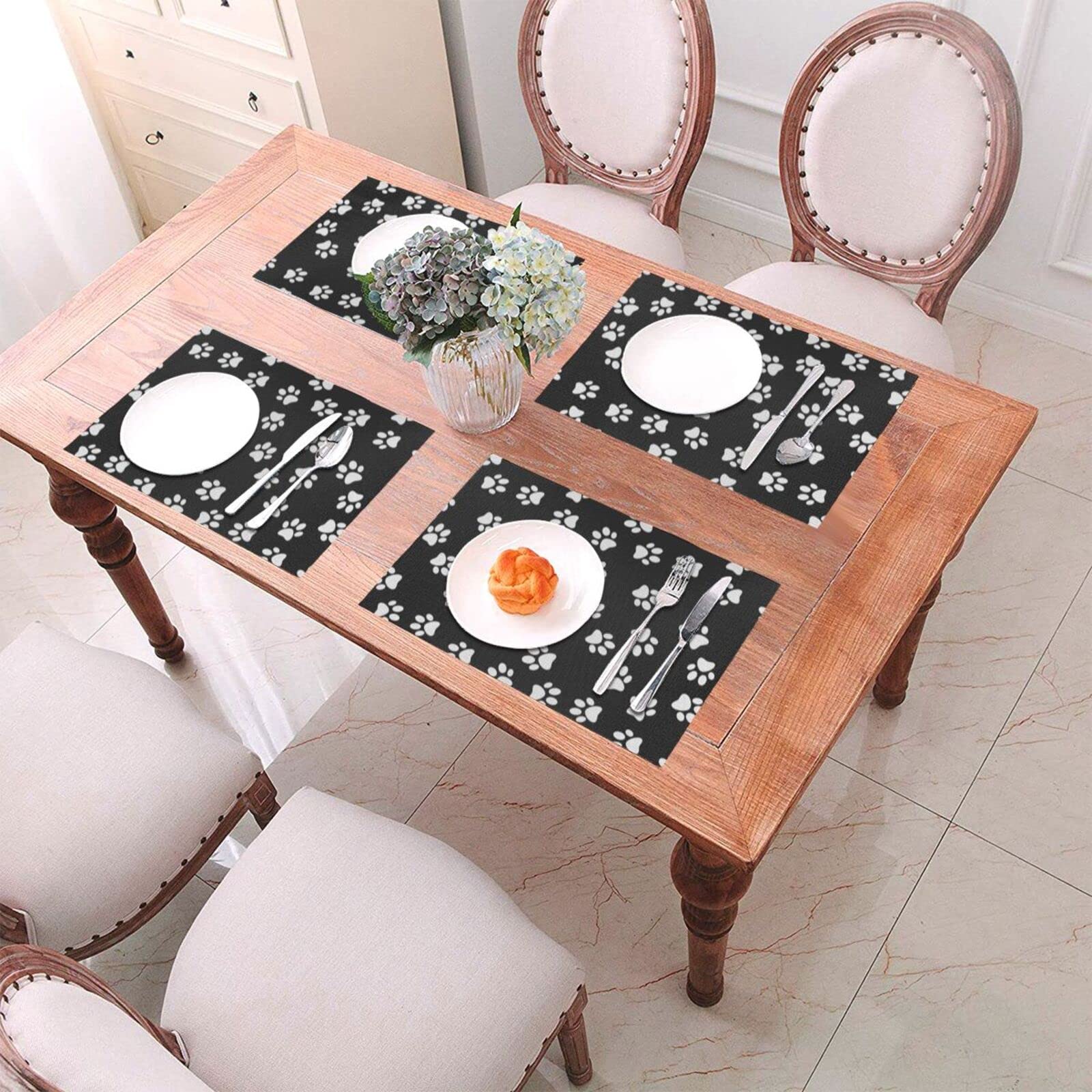 Tischsets mit Pfotenabdruck, bedruckt, für Küche, Esstisch, hitzebeständig, rutschfest, waschbar, PVC