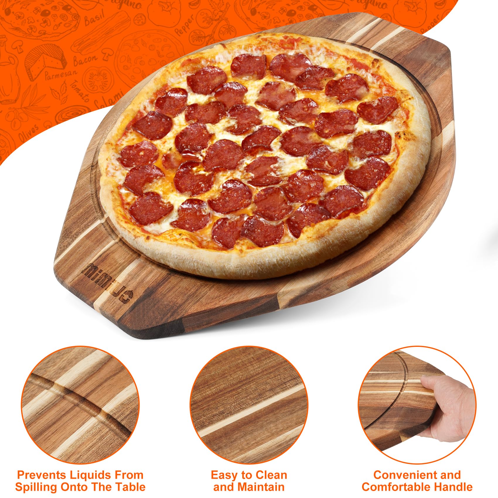 Mimiuo Deska do pizzy i zestaw łopat do pizzy, aluminiowa łopata do pizzy i taca do serwowania z drewna akacjowego do pizzy, ciastek, ciast, chleba