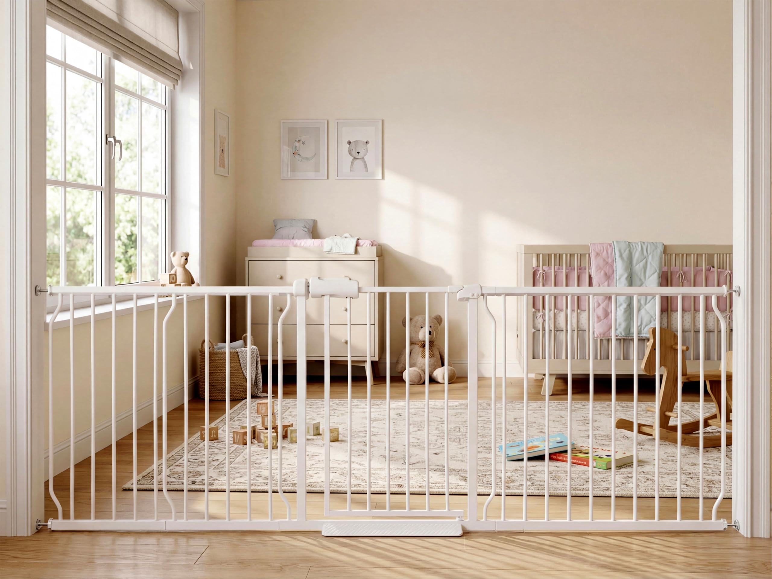 Puerta extra ancha para bebés de 85.8 a 90.5 pulgadas, montada a presión, sin taladrar, para escaleras y puertas, puerta de seguridad interior de metal blanco para niños y perros