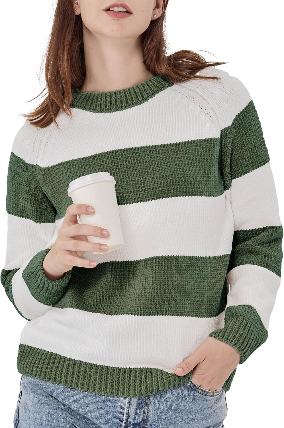 Simple&Opulence Women's Chenille Sweater Crewneck Long Sleeve Pullover Ribbed Cuff Hem Round Neck Jumper Tops