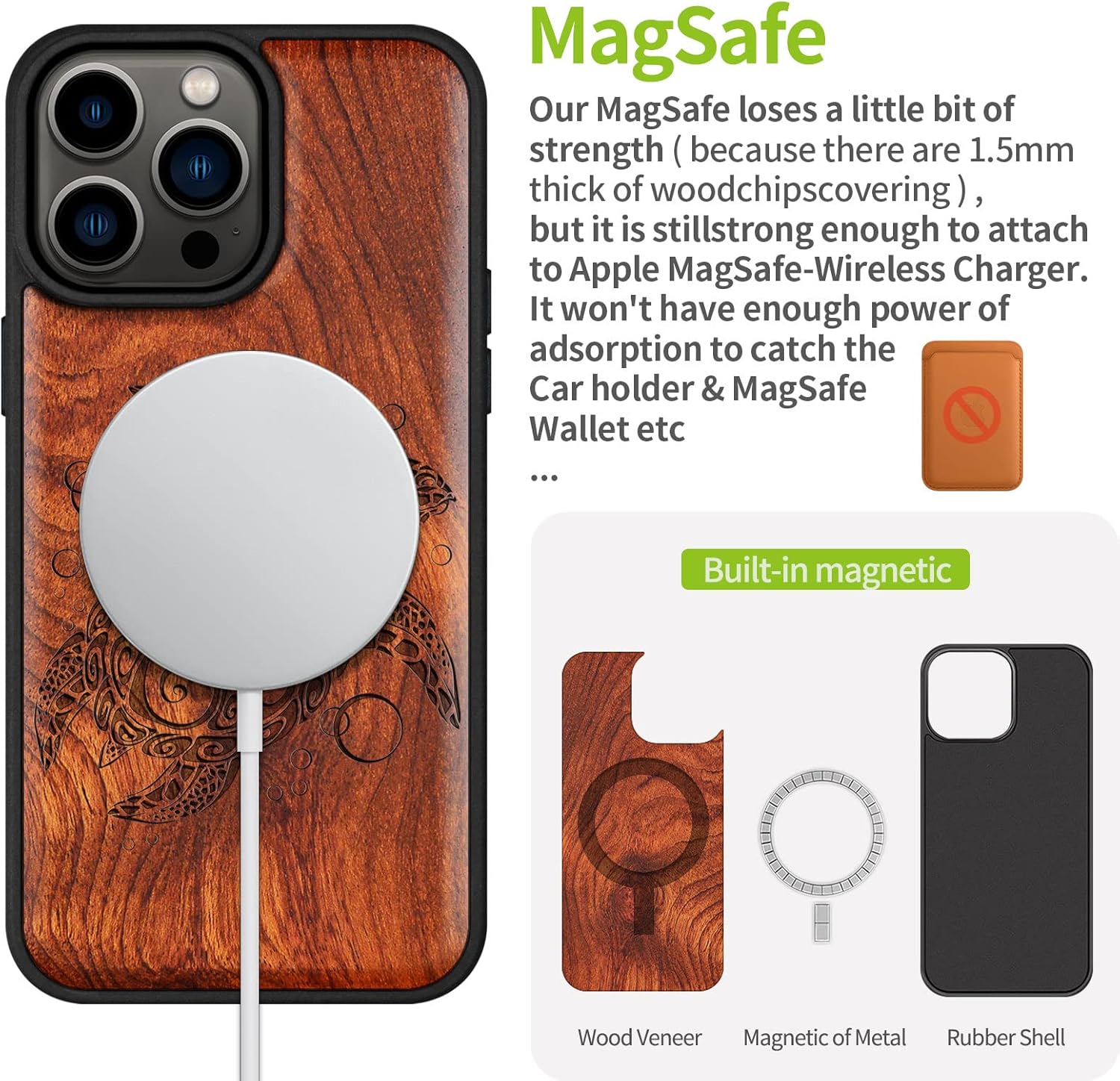Carveit Magnetic Wood Case for iPhone 14 Pro Max [Natural Wood & Black Soft TPU] Unique & Classy Wooden Shockproof Protective Cover Compatible with magsafe (Sea Turtle -Rosy)