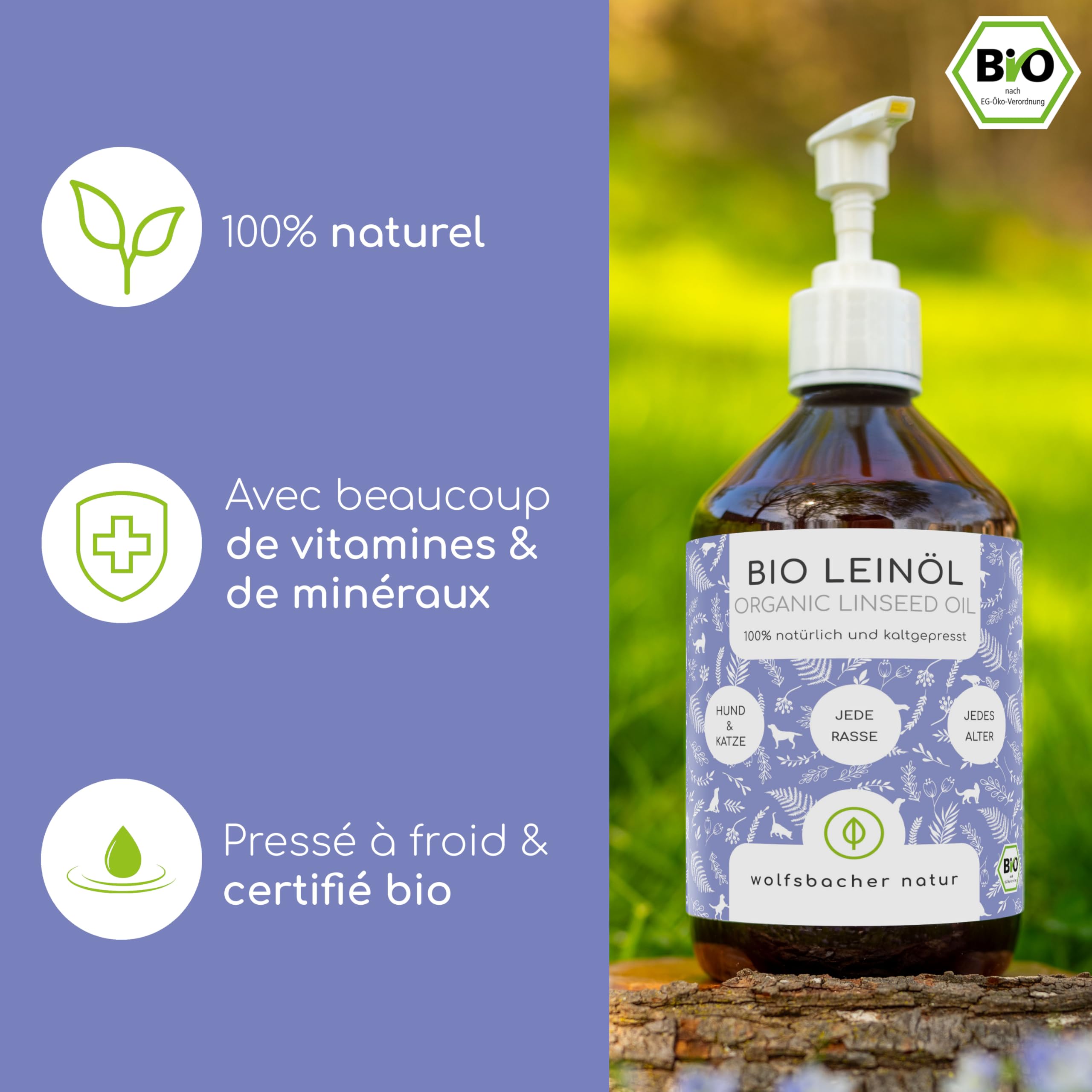 Huile de Lin Bio pour Chiens & Chats 500ml I Naturelle et pressée à Froid - Alternative végane à l'huile de Saumon d'Allemagne I Soutien pour Le Pelage & la Peau grâce aux oméga 3