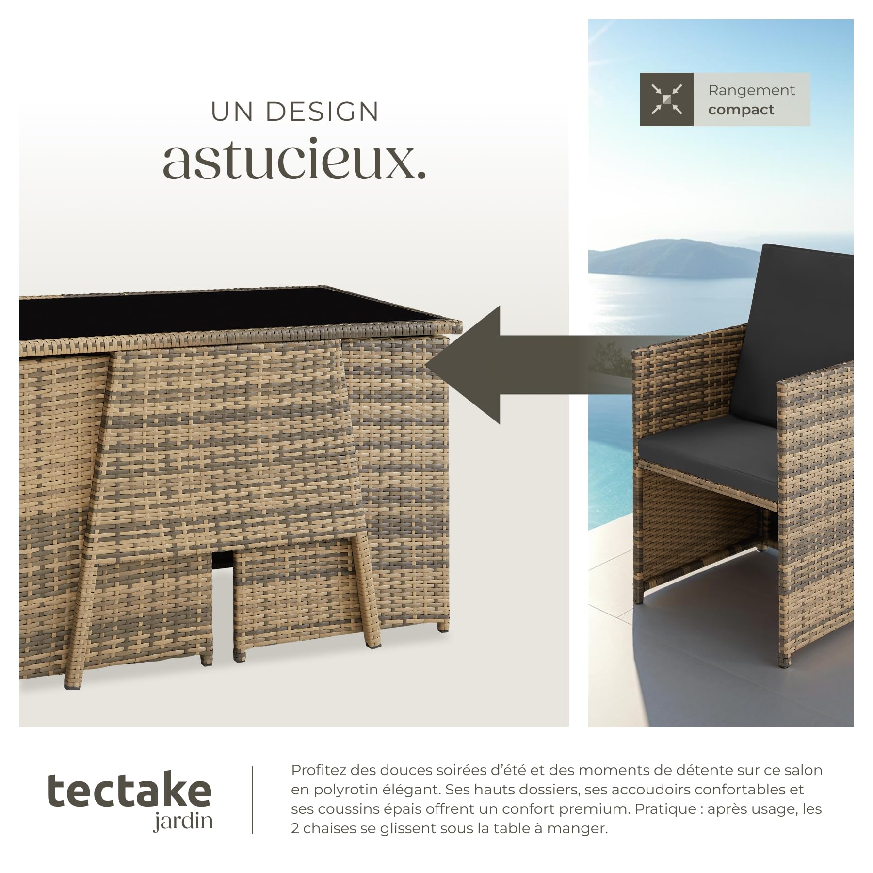 tectake® Ensemble Salon de Jardin encastrable en Poly Rotin 2 Personnes Ensemble Fauteuil Salon et Table de Jardin, Coussins Inclus, Mobilier de Jardin pour Amenagement Balcon Terrasse