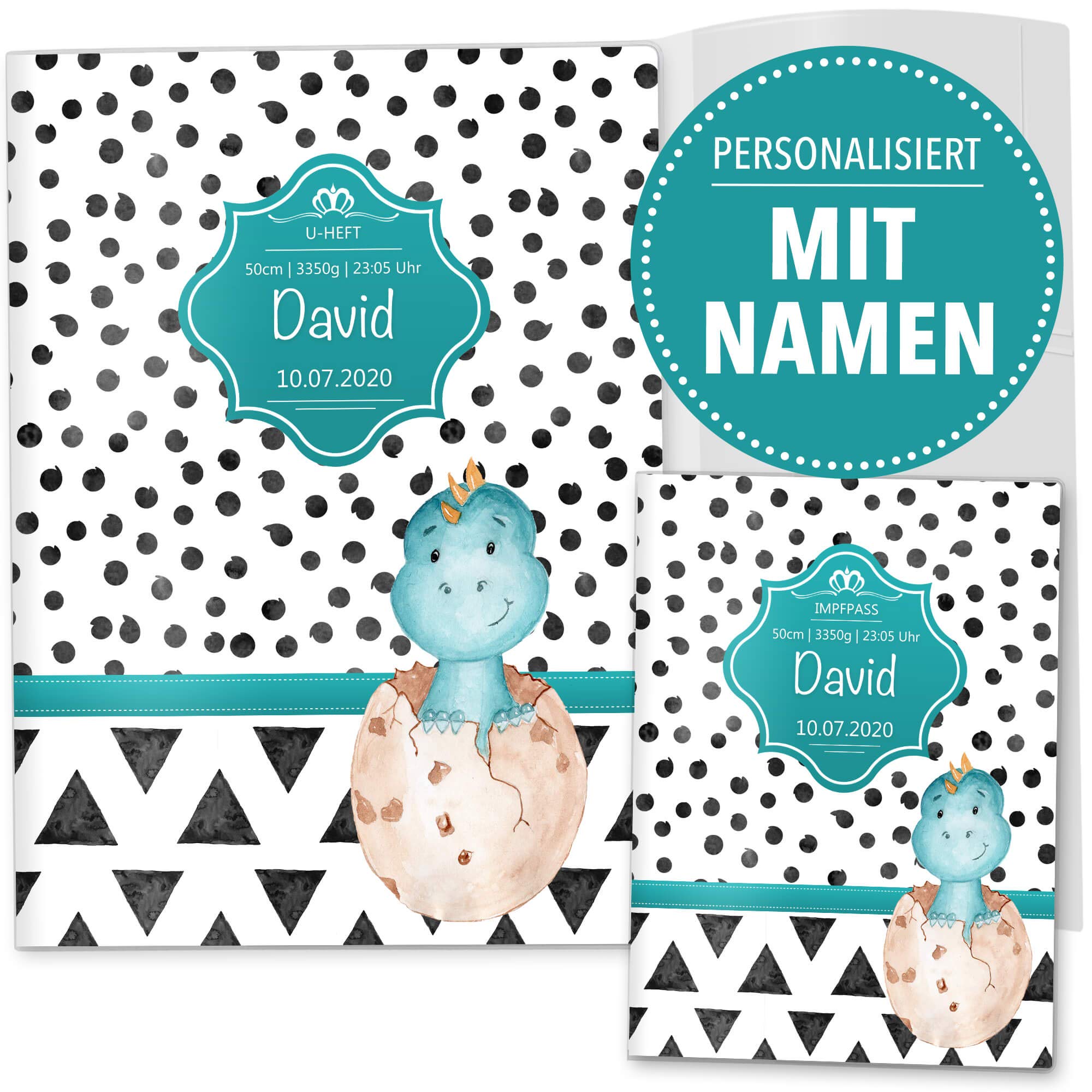 OLGS U-Heft- und Impfpasshüllen 3-teilig Set Creative Royal Dinosaurier | Untersuchungsheft Hülle & Impfpasshülle personalisierbar mit Namen (U-Heft Set 3-teilig personalisiert, Dino)