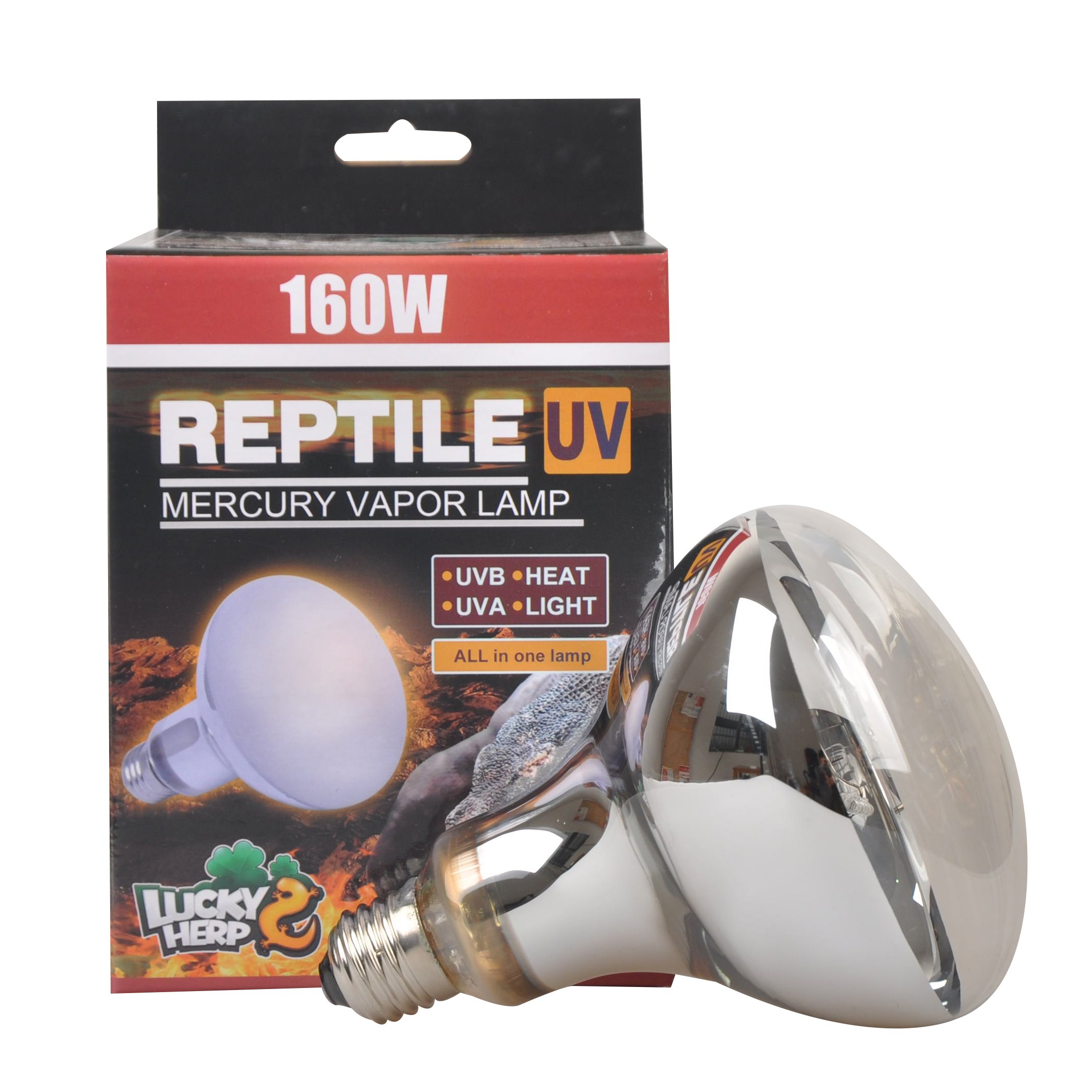 Lucky Herp Reptile UVA UVB Mercury żarówka parowa, lampa na gad i płazy, takich jak żółwie i brodate smoki, 160 W, R115, E27, sześciomiesięczna gwarancja (czysty)