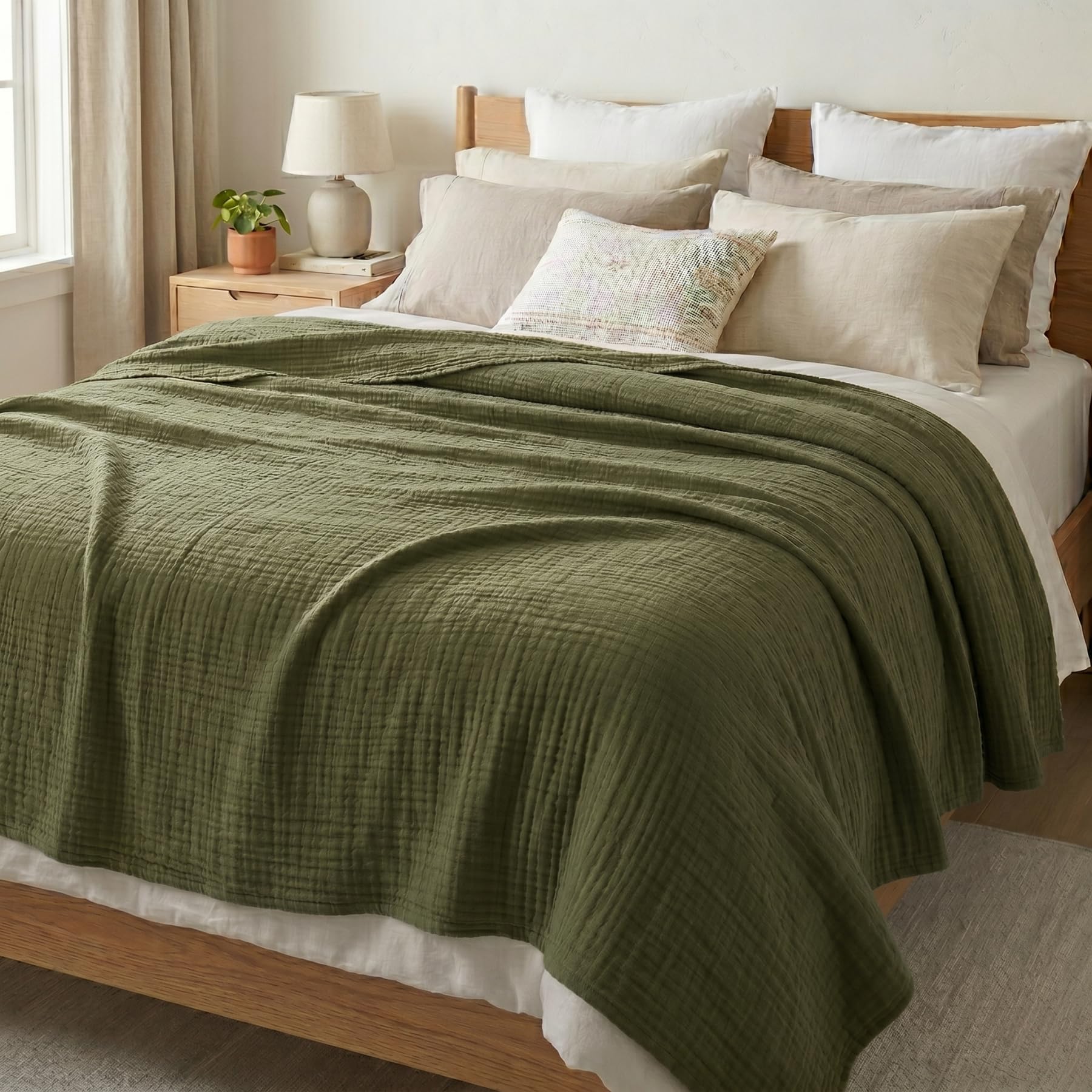 Photo 1 of 100% Cotton Ultra Soft Muslin Blankets for Adults Moss Green, 6-Layer Lightweight King Size Blanket for Bed, Pre-Washed Breathable Gauze for Bed Layering, All Season Comfort, Olive, 108"x90"