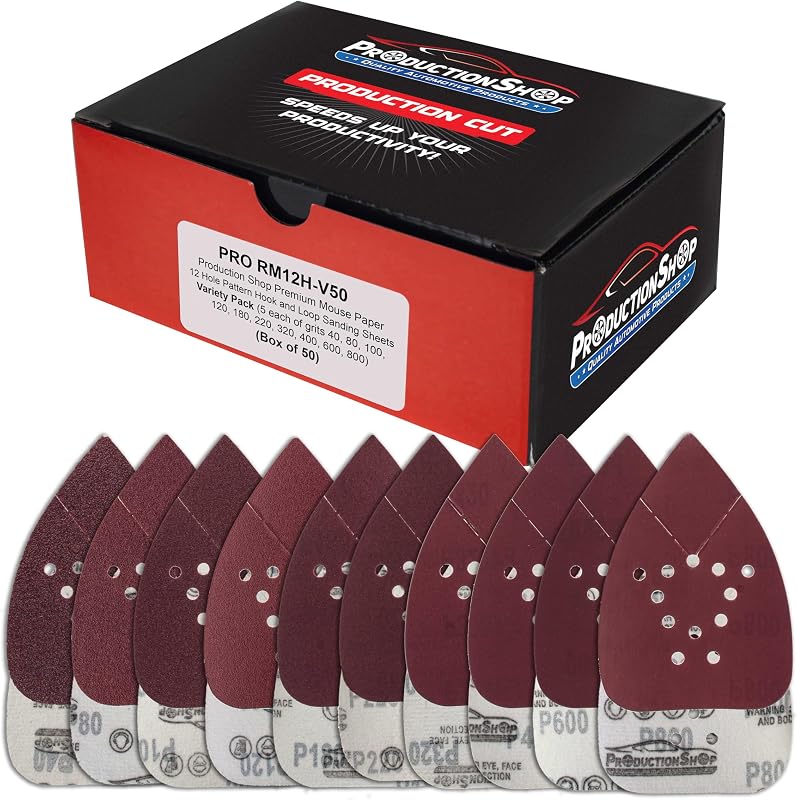 Hojas de papel de lija para lijadora con detalle de ratón, con patrón de 12 orificios, paquete variado de 50 discos, granos 40, 80, 100, 120, 180, 220, 320, 400, 600, 800, disco de gancho y bucle, compatible con Black and Decker