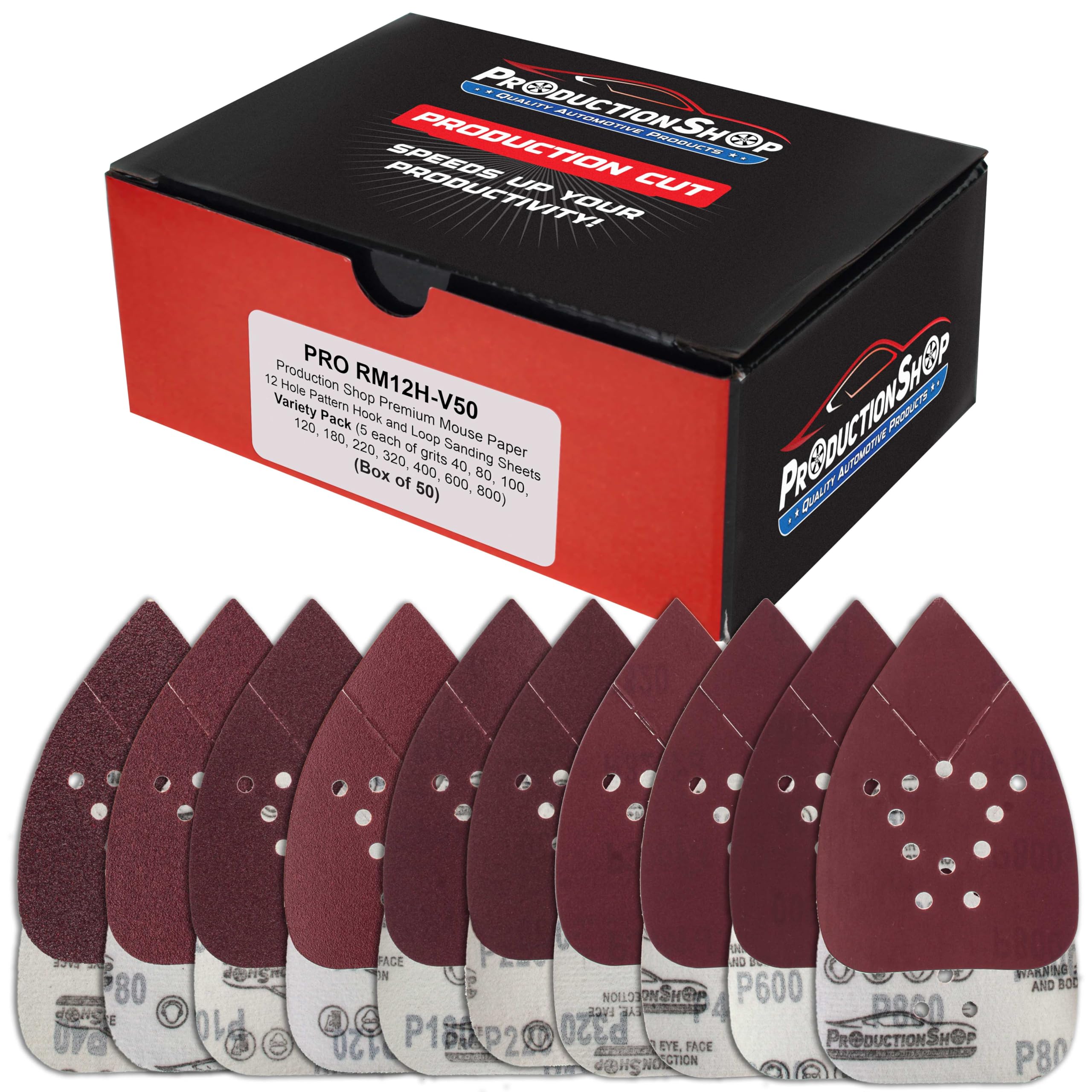 ProductionShop Premium 12-Hole Pattern Mouse Detail Sander Sandpaper Sheets, 50 Disc Variety Pack, Grits 40, 80, 100, 120, 180, 220, 320, 400, 600,