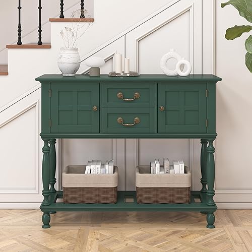 Miniatura 3 de Mesa consola con cajones, mesas de entrada vintage con almacenamiento y estante, mesa de pasillo con patas torneadas, mesa de sofá estrecha detrás