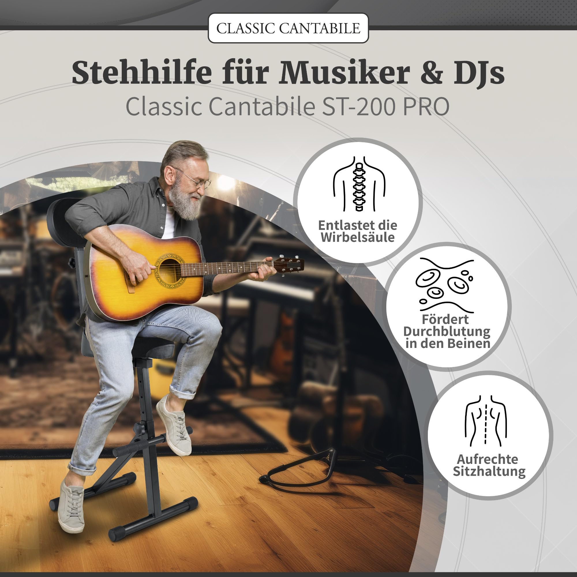 Classic Cantabile ST-200 PRO Stehhilfe, Keyboarder und DJs, Fußstütze | Massives Stahlgestell mit Gummifüßen, Sitzhöhe 5-stufig einstellbar, Lehne 2-fach verstellbar, Sitzfläche (BxHxT): 41 x 8