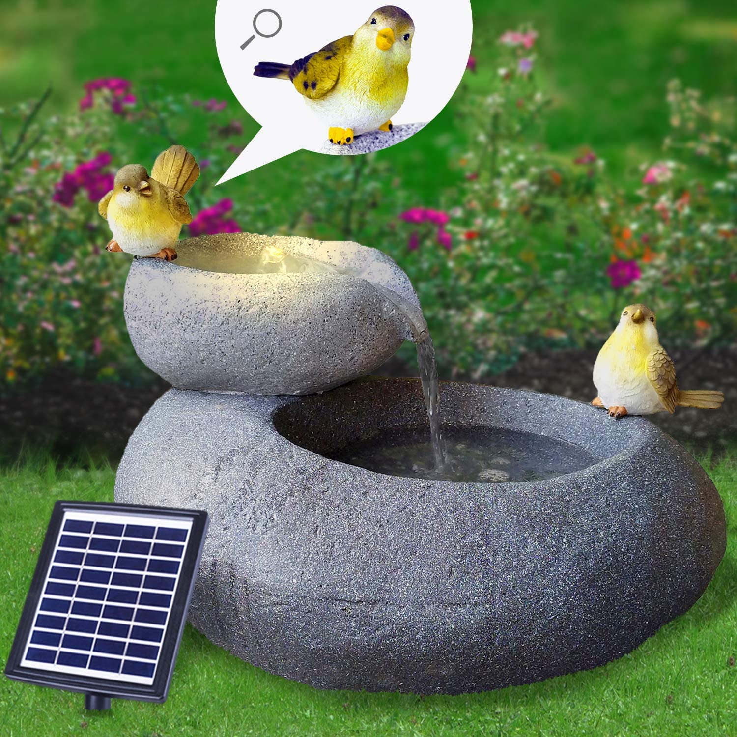Fuente Solar de jardín Fuente Decorativa Cascada Luz de jardín Bomba de Estanque para Patio, balcón, con Bomba Función de Inicio instantáneo con batería de Iones de Litio y luz LED (FELS-Schalen)