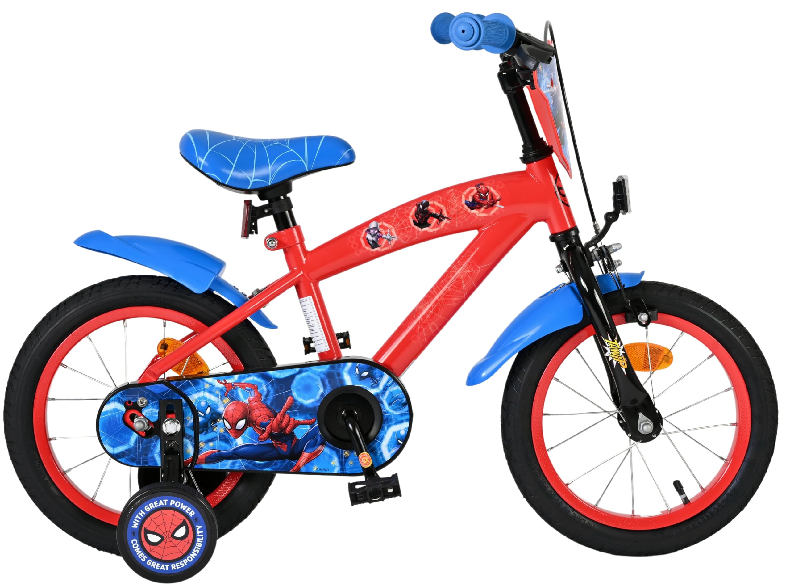Volare Spider-Man Kinderfahrrad 14 Zoll | 3,5–5 Jahre | Hand- & Rücktrittbremse, Stützräder, Kettenschutz, Reflektoren | Verstellbarer Sattel | Geschenk für Jungen & Mädchen