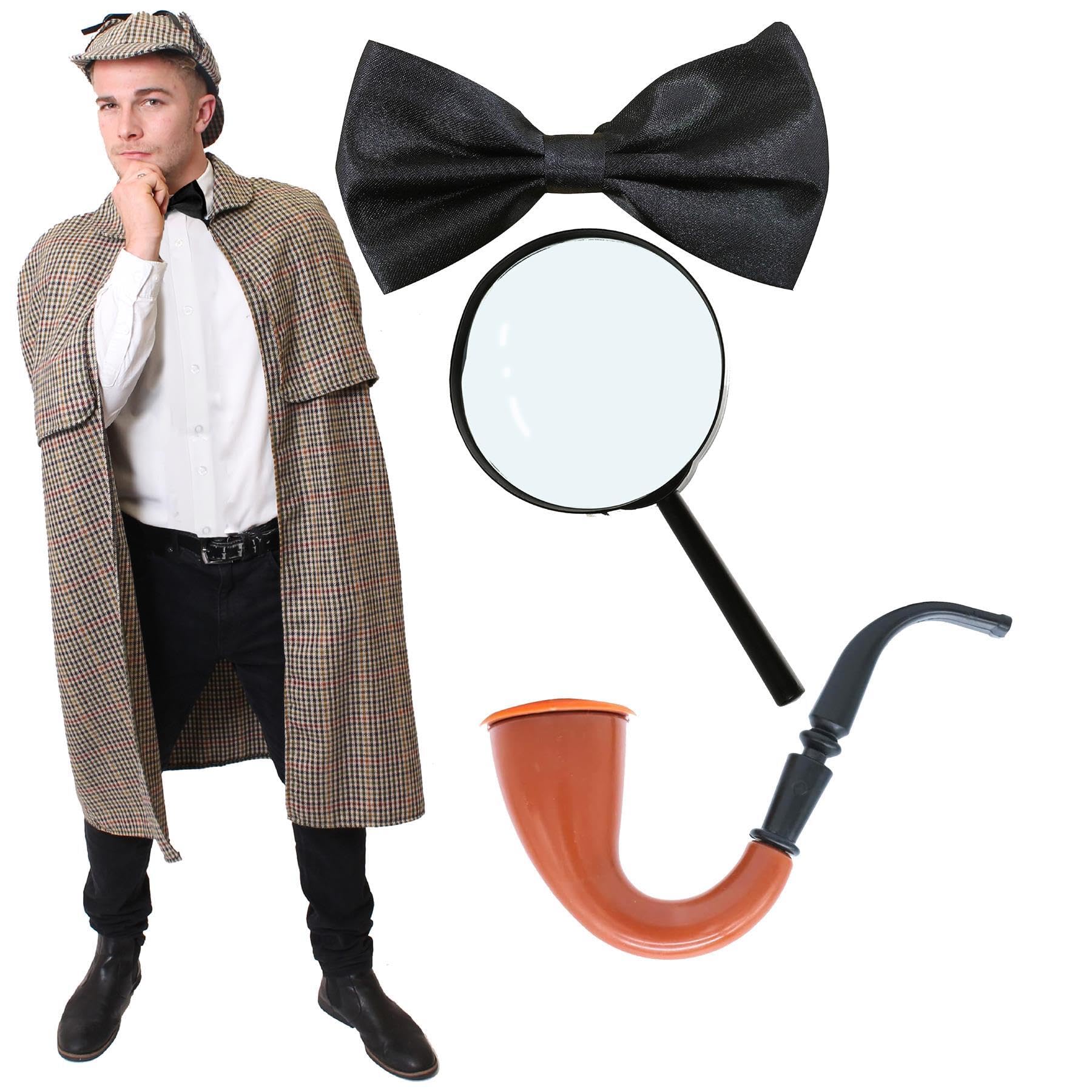 Adults Victorian Detective Costume - Victorian Cape, Matching Deerstalker Hat, Black Bowtie, Fake Pipe and Magnifying Glass - Adults World Book Day Book Week Fancy Dress Costume