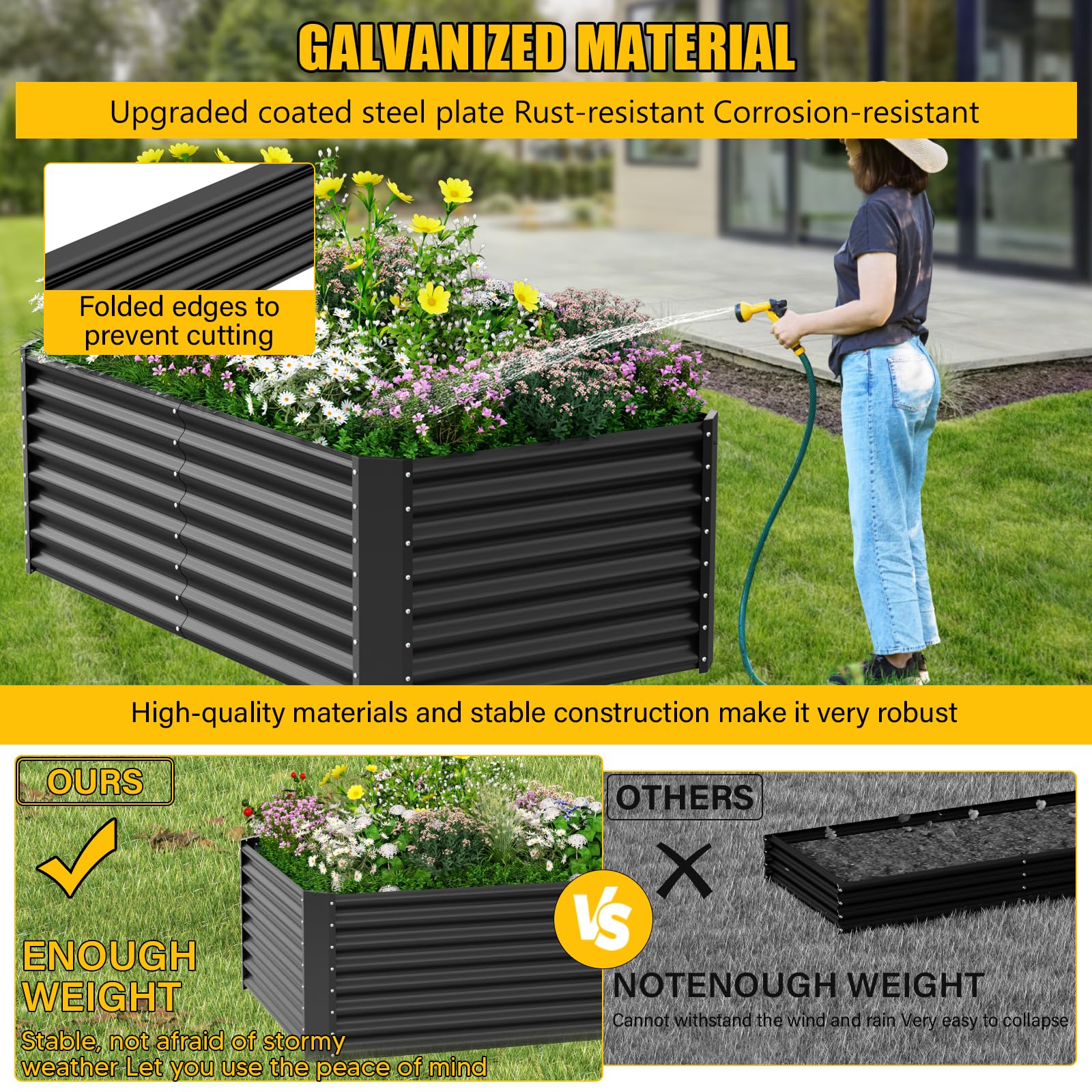 Bancal de Metal, 183 x 92 x 61 cm, Resistente a la Intemperie, Resistente a la corrosión, Acero galvanizado, Jardinera elevada para Exteriores, jardín, Verduras y Cultivo de Hierbas