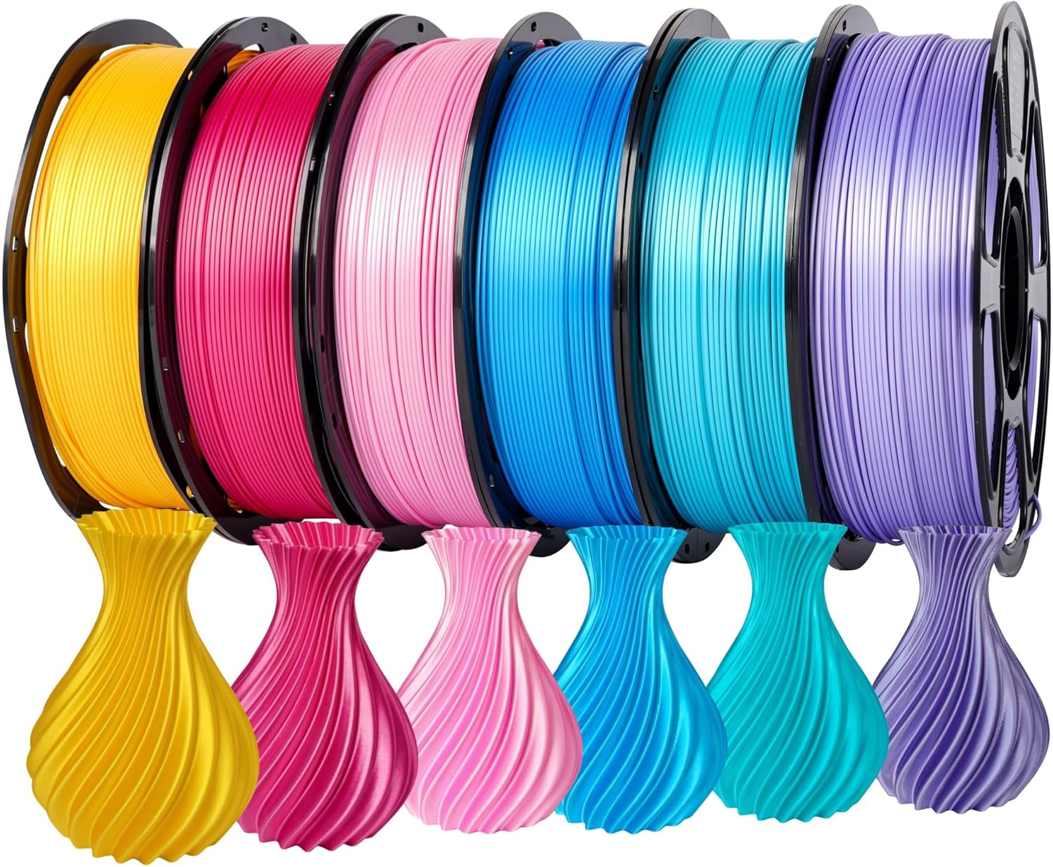 Silk PLA Filament 1.75mm Bundle 6KG, Shiny 3D Printer Filament Set, Dimensional Accuracy +/- 0.02mm, Individually Vacuum Packed, Smooth Silky 3D Printing Filament Pack, 6 Spools 1KG Each