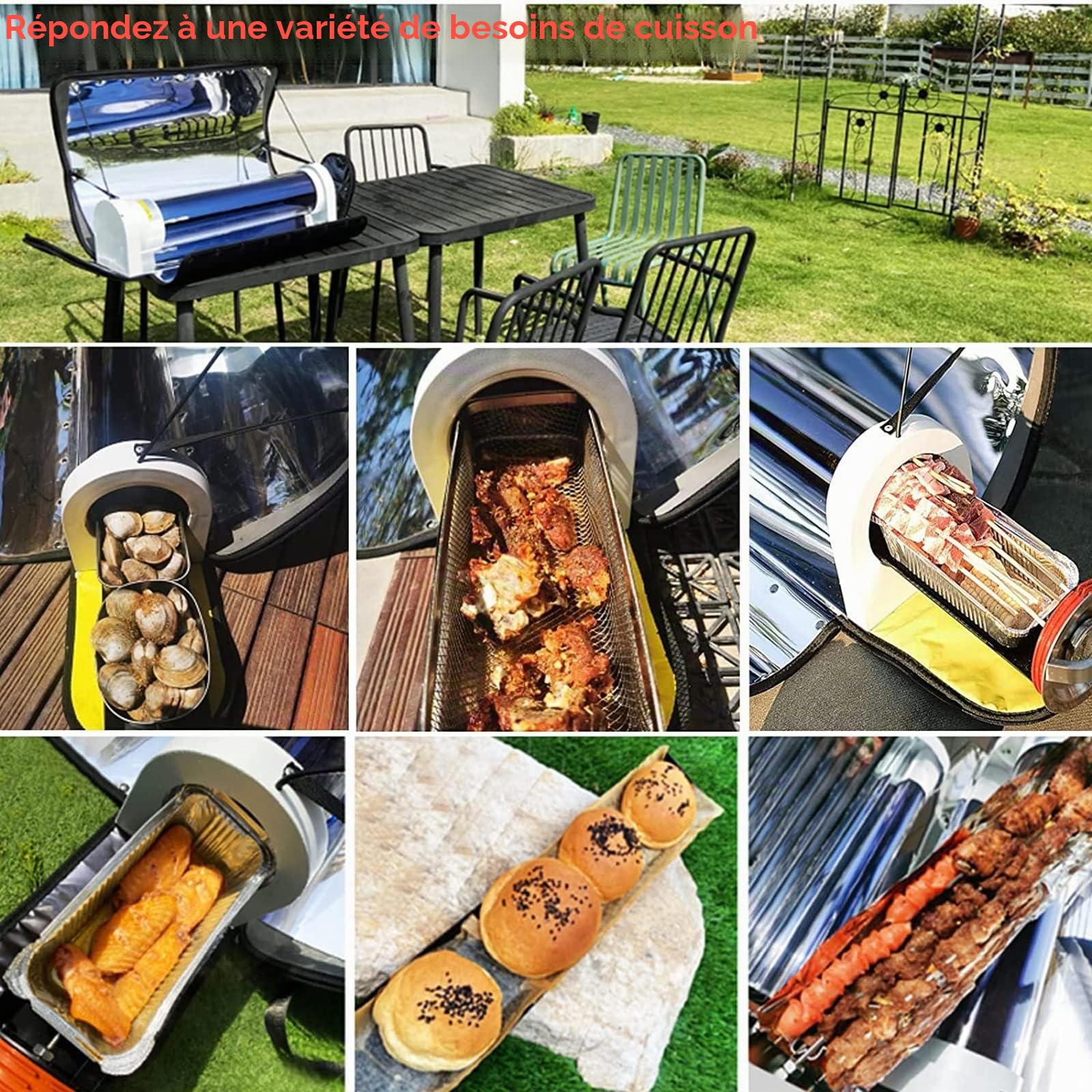 Barbecue portable Grill BBQ Cuisinière BBQ solaire, Four solaire portable Four-4,5L Grande capacité Cuisinière solaire Four d'extérieur Réchaud de camping avec thermomètre pour 2-3 personnes Randonnée