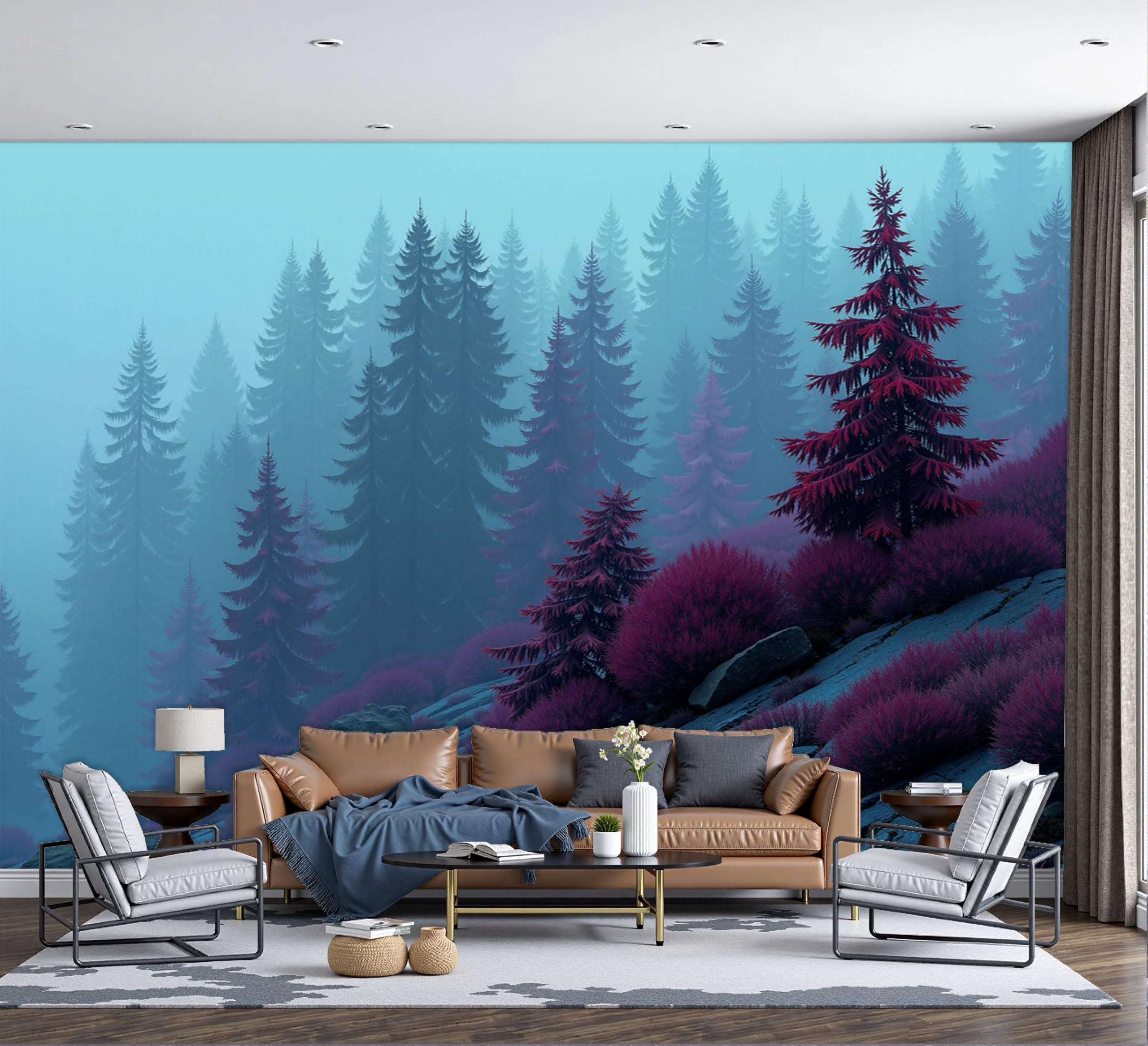 Papier Peint Panoramique fantastique soie 400x280cm grand poster mural de pins pour salon et chambre