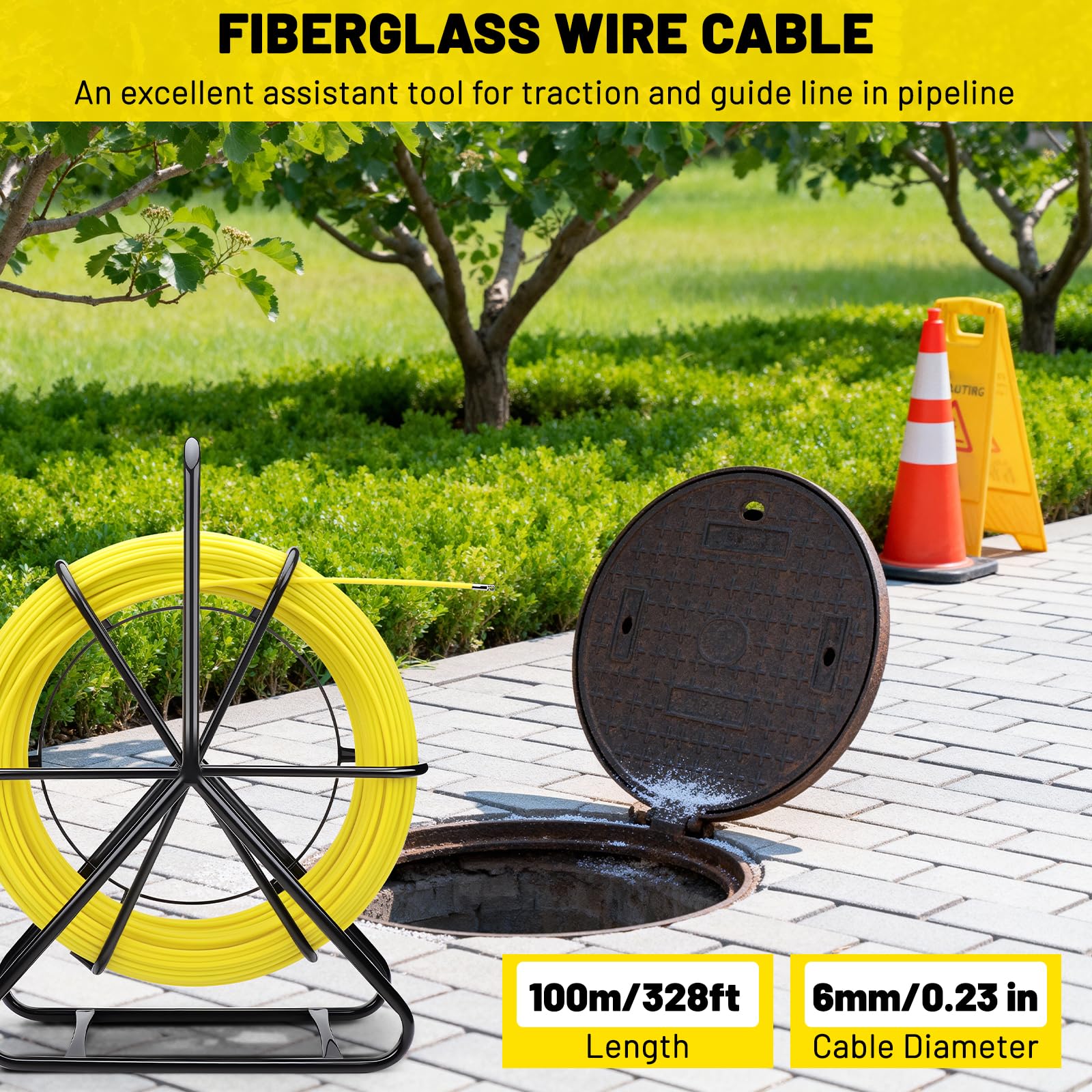 KAOLALI Tige en fibre de verre, bande de poisson, câble en fibre de verre, fil de traction, fil pointu, câble de traction, avec support en acier, enfile-câble