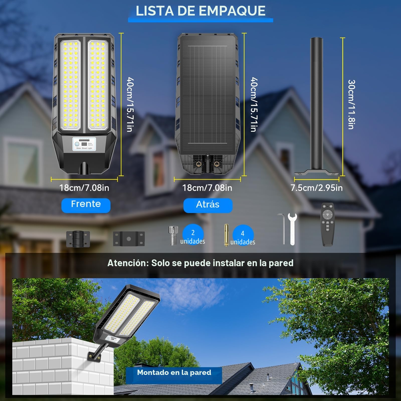 Adewalk 700W Farola solar LED exterior con mando a distancia, IP66 impermeable, lámpara de calle solar con sensor de movimiento, 6500 K Super Bright Farolas de jardín exterior solares para garaje