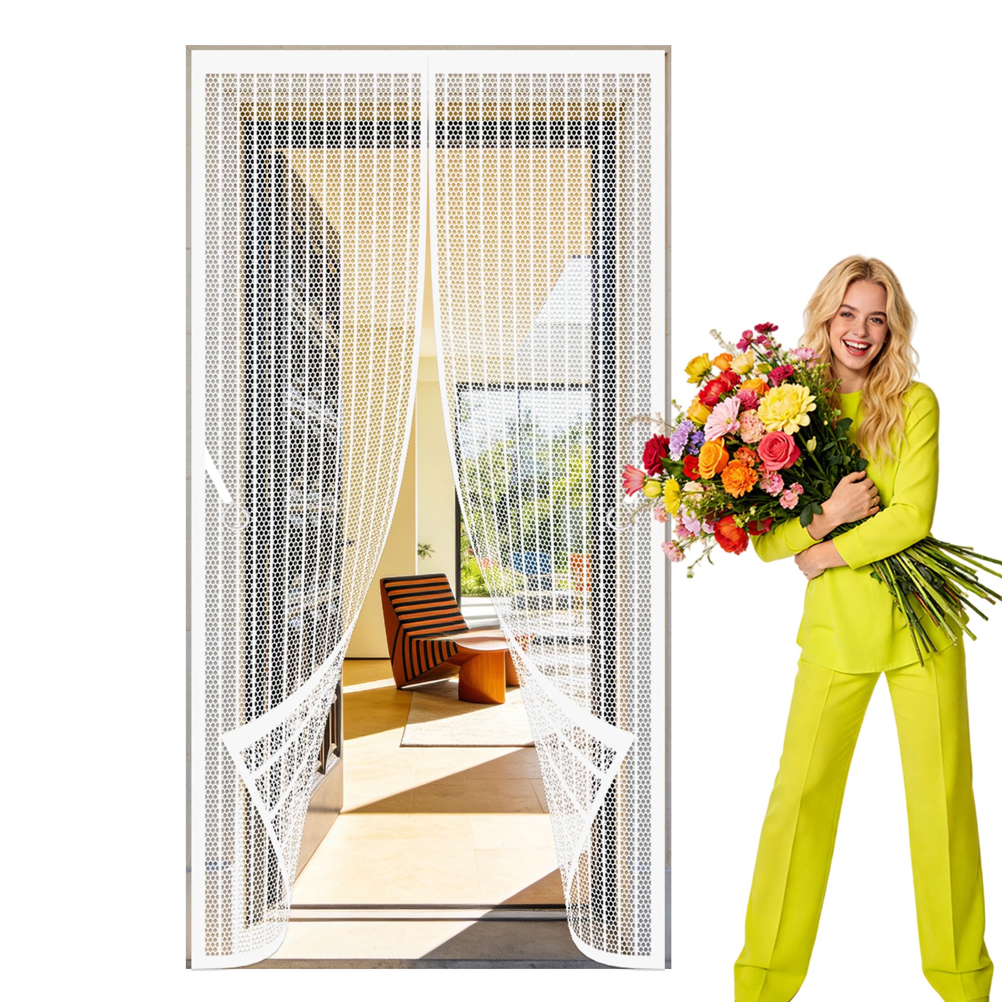Door Fly Screen Curtain 134 x 198 cm Hundreds of Sizes Screen Mesh Curtain Easy to Install Without Drilling Suitable for Patio Room Balcony Bedroom, White