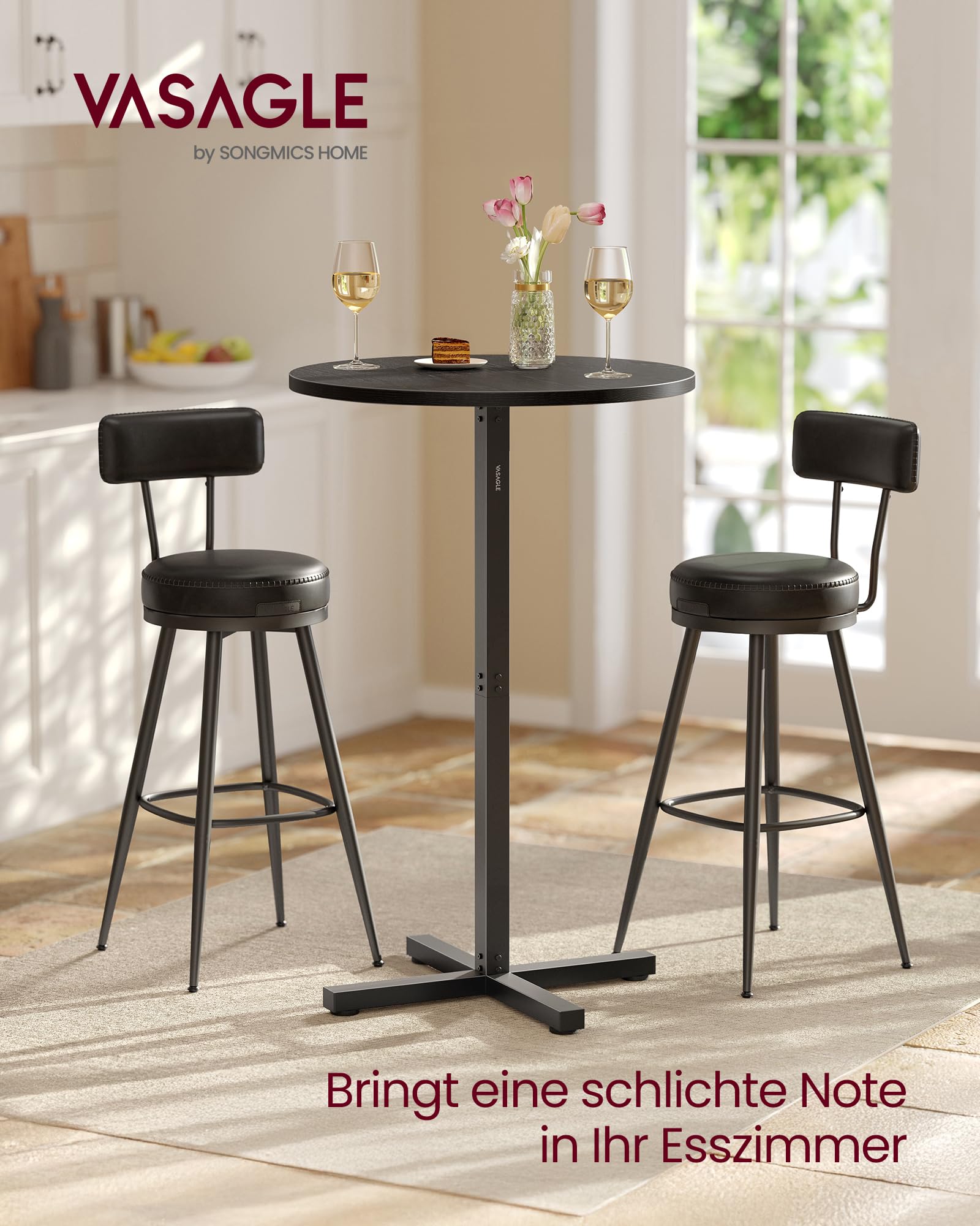 VASAGLE Bartisch 2er Set, Stehtisch, Bistrotisch rund, Balkontisch Indoor, Kleiner hoher Tisch für Hausbar, Wohnzimmer und Esszimmer, 60 x 60 x 104,5 cm, einfacher Aufbau, ebenholzschwarz LBT362B01