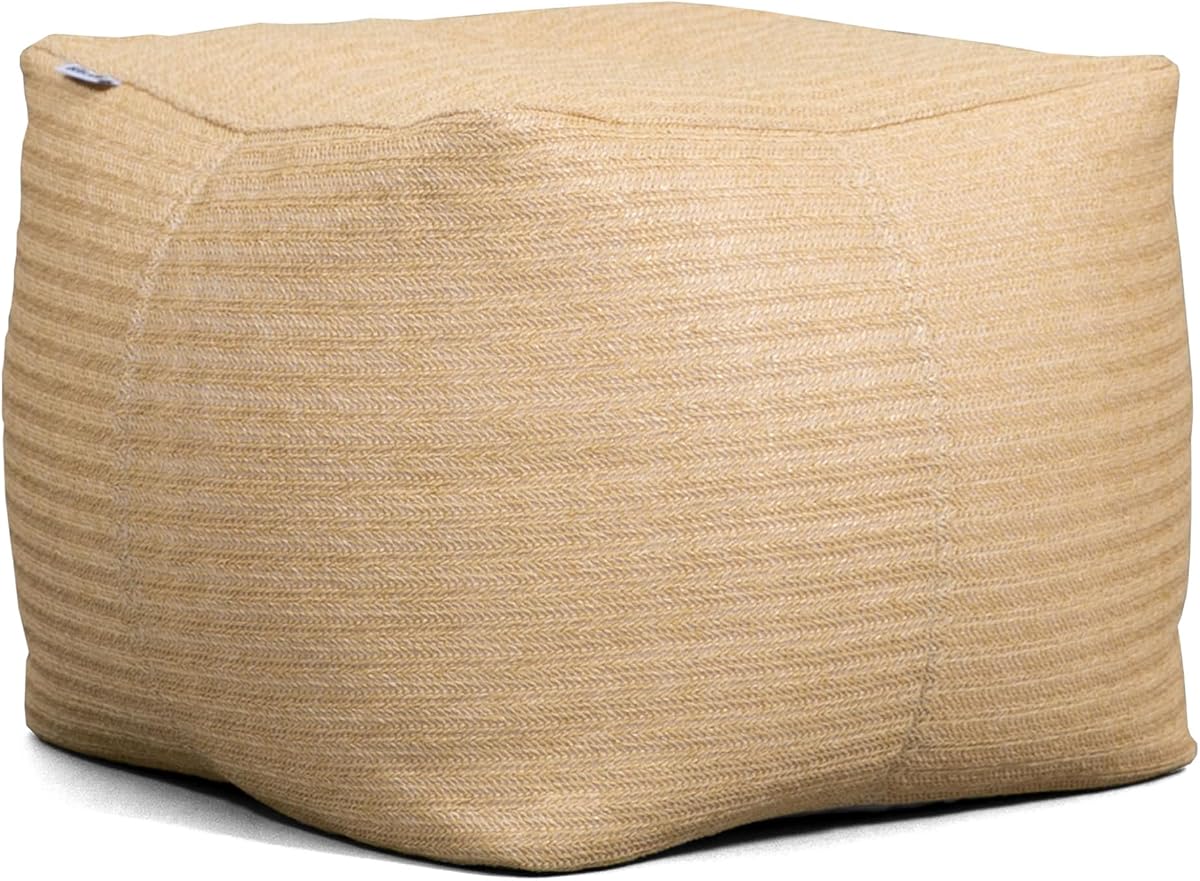 Square Ottoman Weatherproof Bean Bag Footrest, Natural Basket Weave, Breathable Weather Resistant Fabric, 2 feet