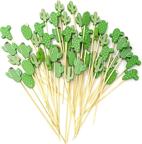 Honbay 100 palillos de cóctel de cactus tropicales, palillos de dientes para decoración de fiestas, palillos de bambú hawaianos Luau, aperitivos de