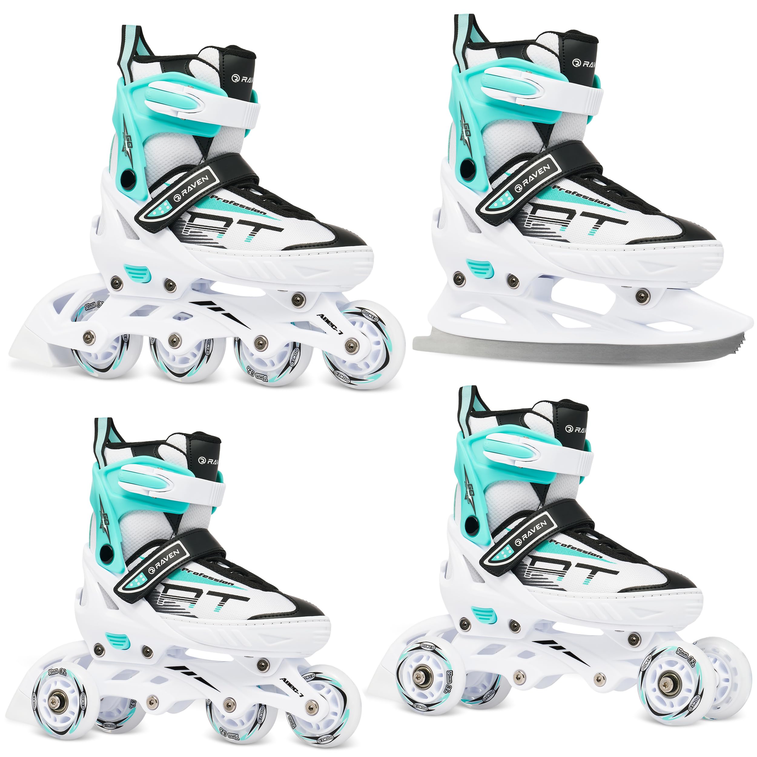 RAVEN Profession 4in1 Inlineskates Triskates Rollschuhe Schlittschuhe Inliner für Kinder und Erwachsene verstellbar (White/Mint, 28-32 (18,5cm-21cm))