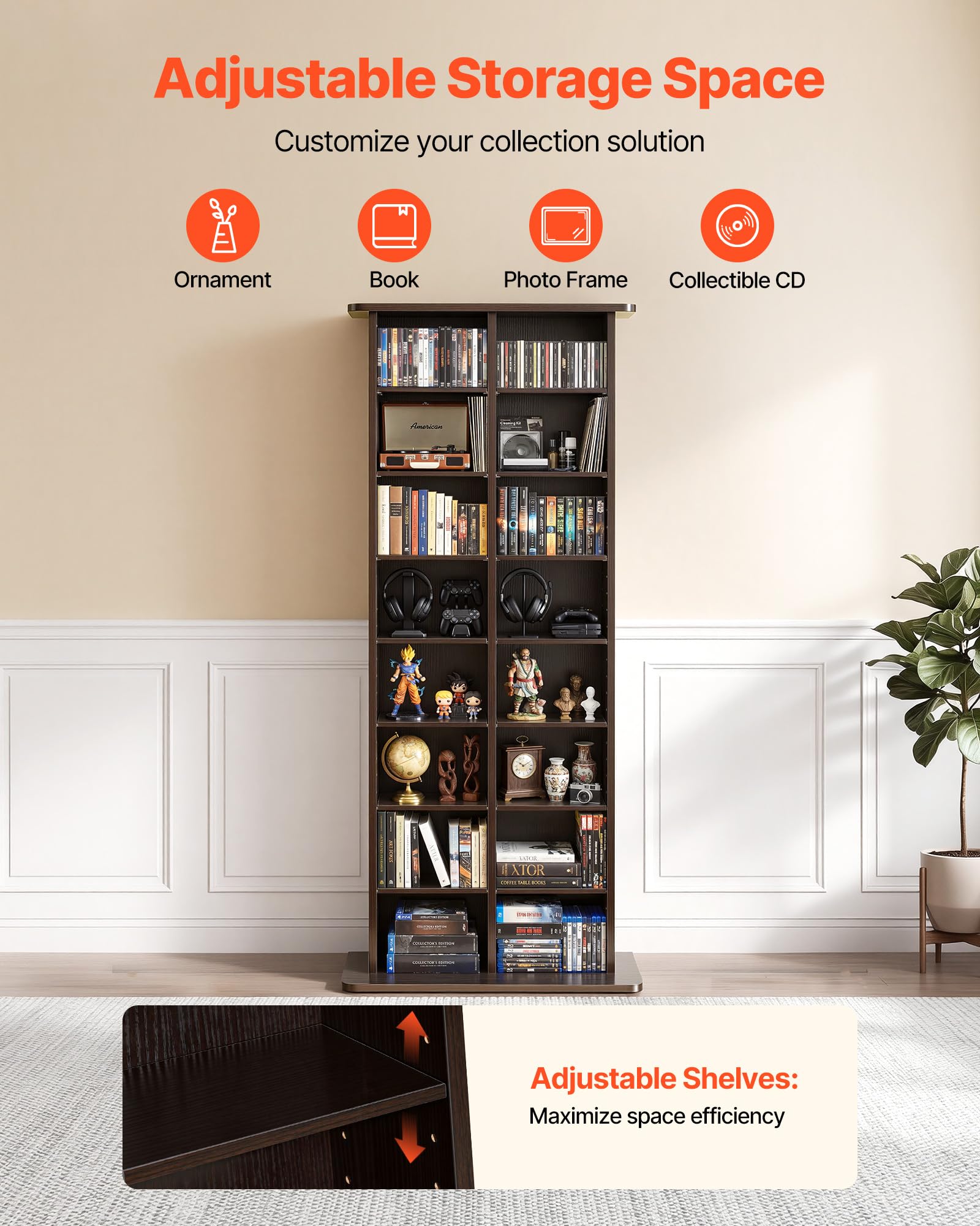 VEVOR Medienregal, 8-lagiges CD-Regal, 559x222x1295 mm, Multimedia-Aufbewahrung für CDs, DVDs, Bücher & Spiele, Raumteiler Schrank mit 16 Fächern für Wohnzimmer, Homeoffice, Aufnahmeraum