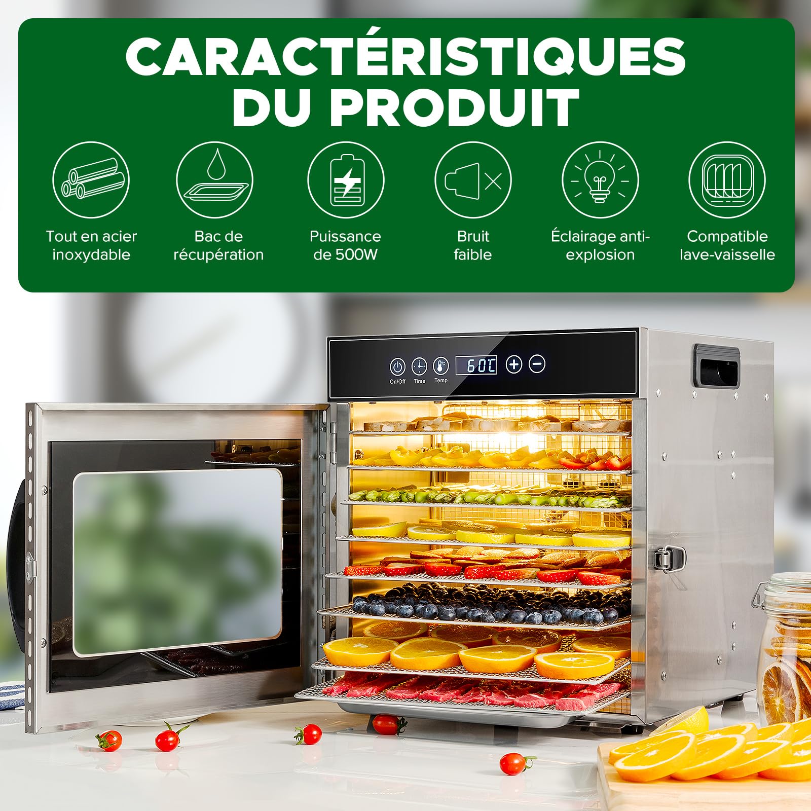Kwasyo 8 Plateaux Deshydrateur Alimentaire en Acier Inoxydable, avec Température Réglable 30 à 90°C et Minuterie Numérique (0-24h), pour Fruits, Poisson, Légumes, Viande, Jerky, Herbes