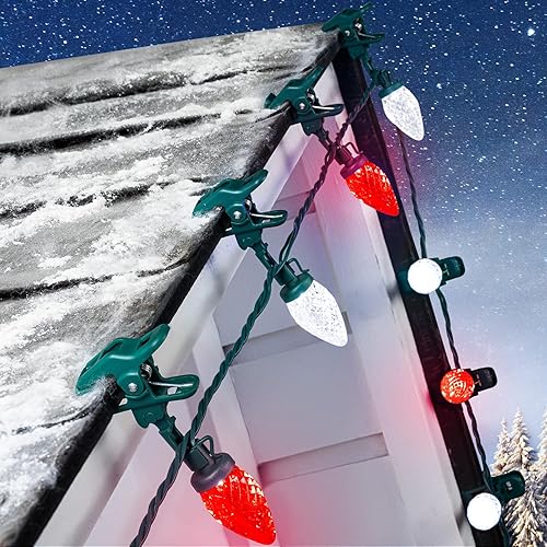Miniatura 13 de Luces LED C9 de Navidad para exteriores, 68 pies, 100 luces LED de fresa con 100 abrazaderas de resorte, impermeable, grado comercial, extensible,